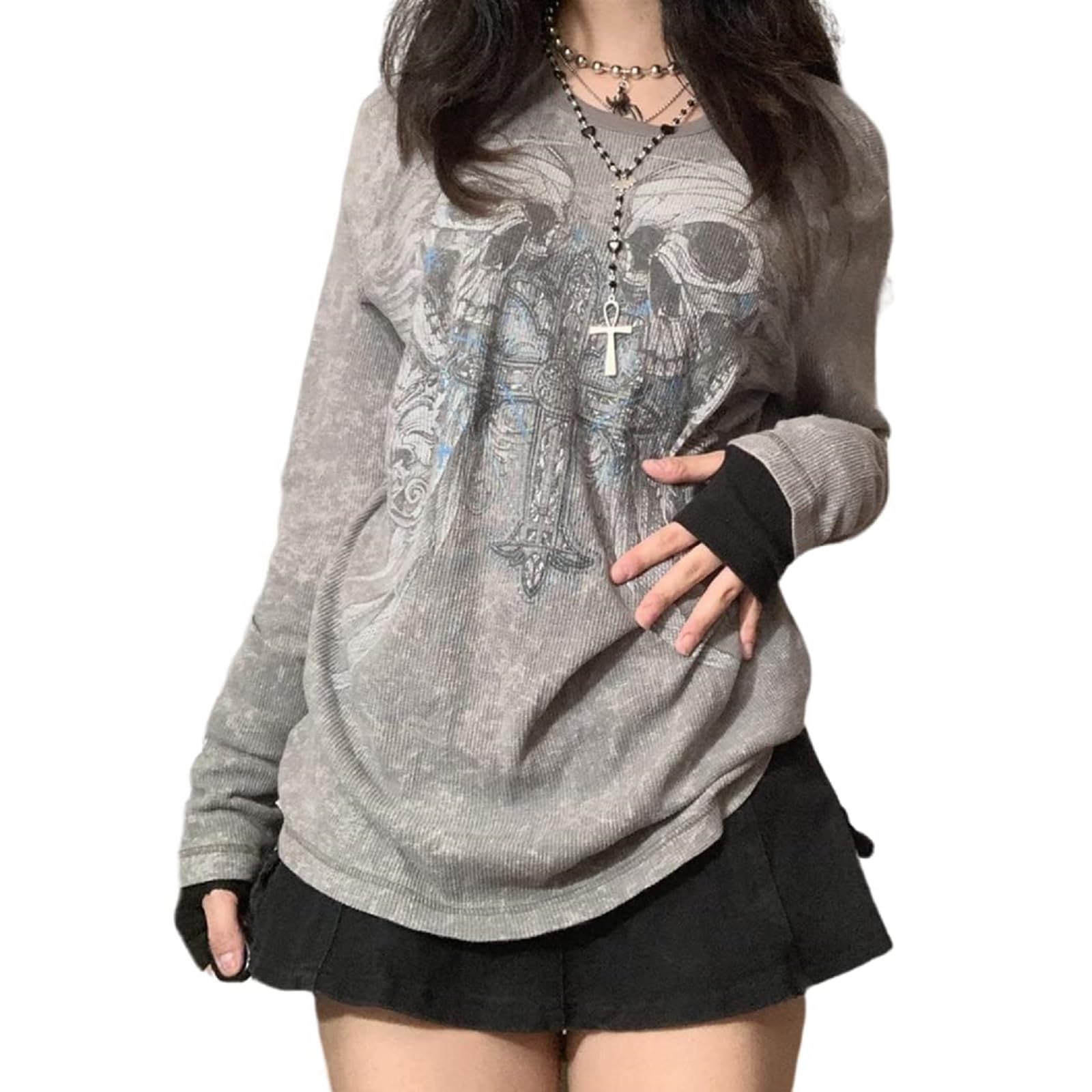 Women Vintage Fairy Grunge Y2K Long Sleeve Shirt Skull Graphic Printed Gothic Tee Tops Aesthetic Harajuku Tops