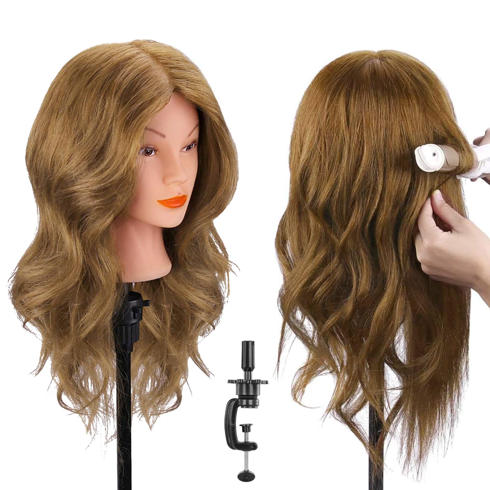 TopDirect Training Head 18inch 100% Real Hair Cosmetology Hairdressing Mannequin Manikin Doll with Table Clamp Holder + Braid Set