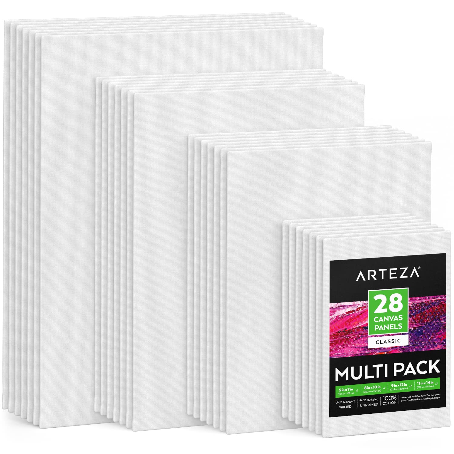 ARTEZACanvas Boards for Painting, Multipack of 28, 5x7, 8x10, 9x12, 11x14 Inches, Blank White Canvas Panels, 100% Cotton, 8 oz Gesso-Primed, Art Supplies for Acrylic Pouring and Oil Painting