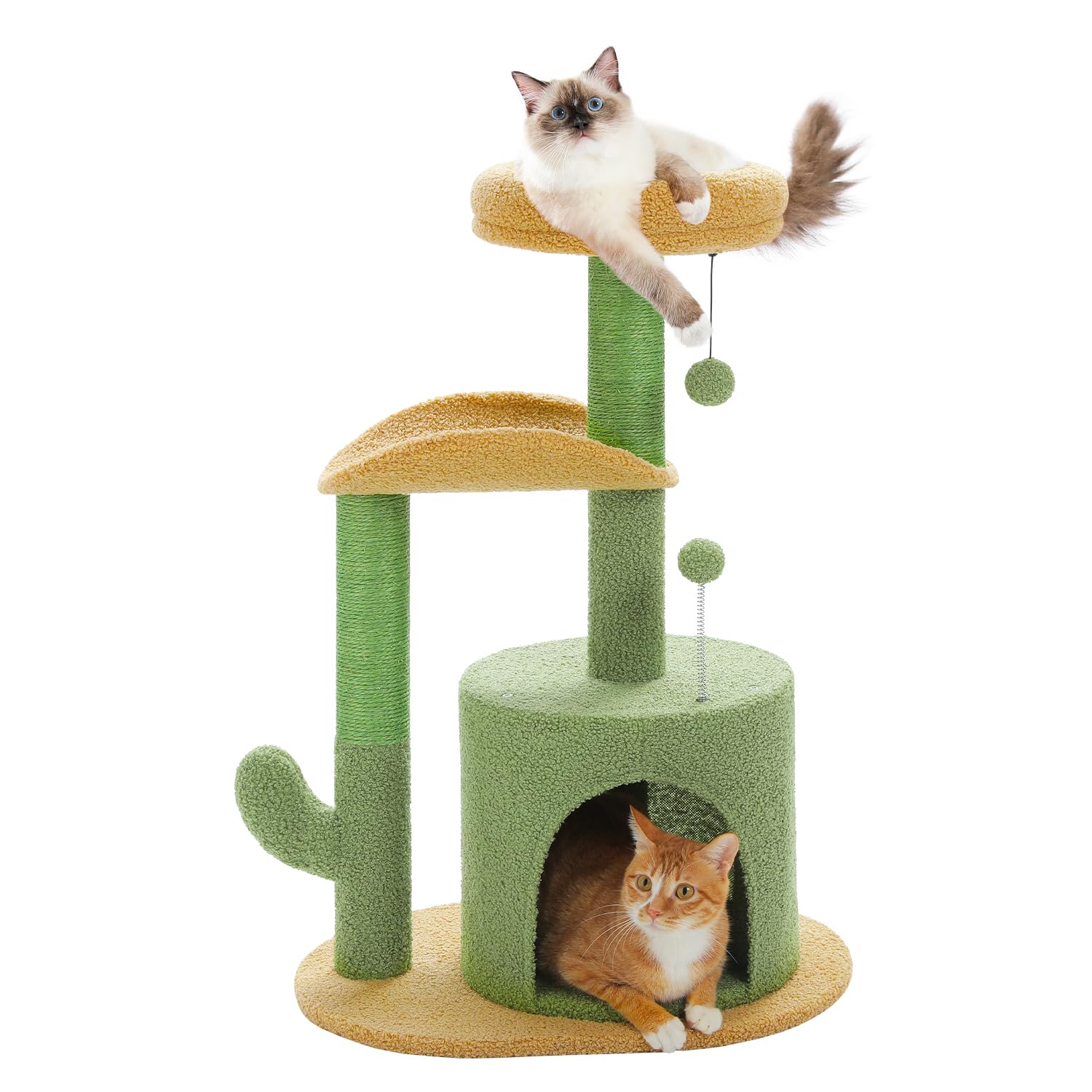 PAWZ RoadCactus Cat Tree Green 32" Small Cat Tower Cat Scratching Post with Curved Perch, Cozy Cat Condo, Removable Padded Top Bed for Kittens and Indoor Cats-Green