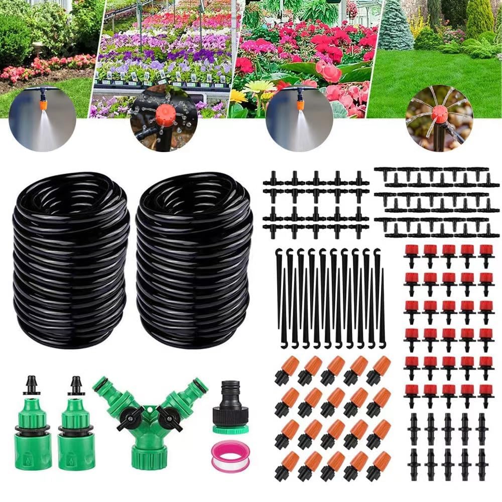 MAKINGTEC 100FT Greenhouse Micro Drip Irrigation Kit -Garden Grid Watering System, Adjustable 2-in-1 Nozzles, Irrigation System Misting for Flowerbed, Plants, Yard