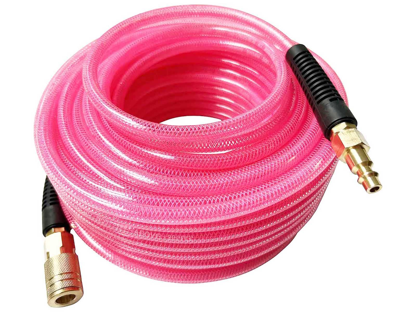 SANFU Polyurethane(PU) Air Hose 1/4-Inch x 100ft Reinforced, lightweight Anti-low temperature 300PSI with 1/4” Swivel Industrial Brass Quick Coupler and Plug, Bend Restrictor, Rose(100’)