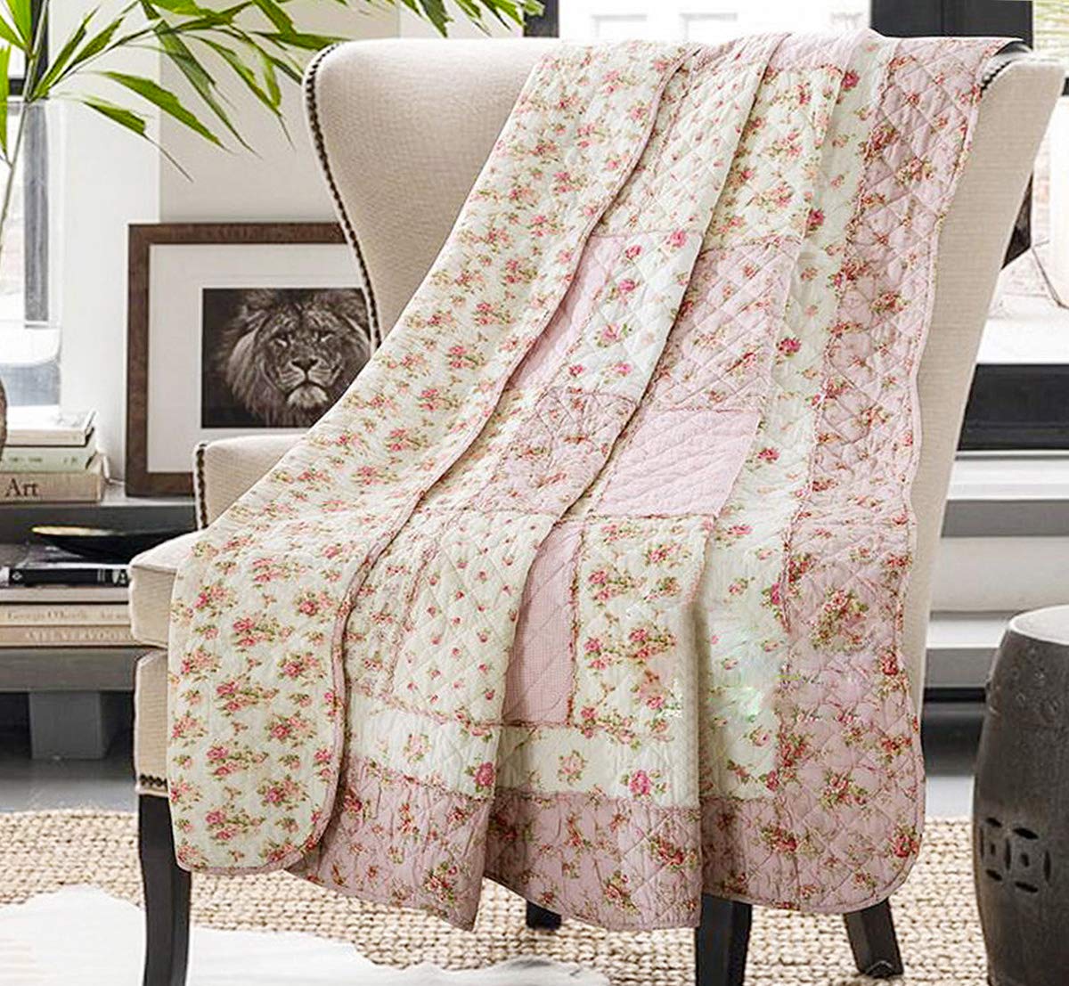 Cozyholy Original 100% Cotton Patchwork Quilt Full Queen Size Pink Floral Bedspread Coverlet Reversible Vintage Shabby Chic Quilted Throw Blanket Bed Quilt Cover for Couch Sofa