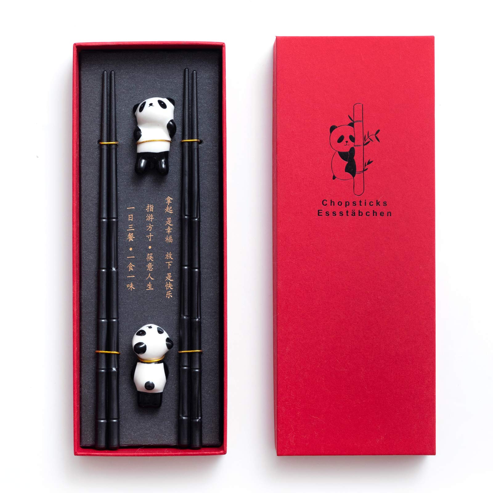 HauSun 2 Pairs Chopsticks and Chopstick Rest Gift Set- Dishwasher Safe Reusable Fiber Glass Chopsticks + Porcelain Cute Panda Chopstick Holder, Non-slip Chinese Japanese Style Chopsticks Set, Black