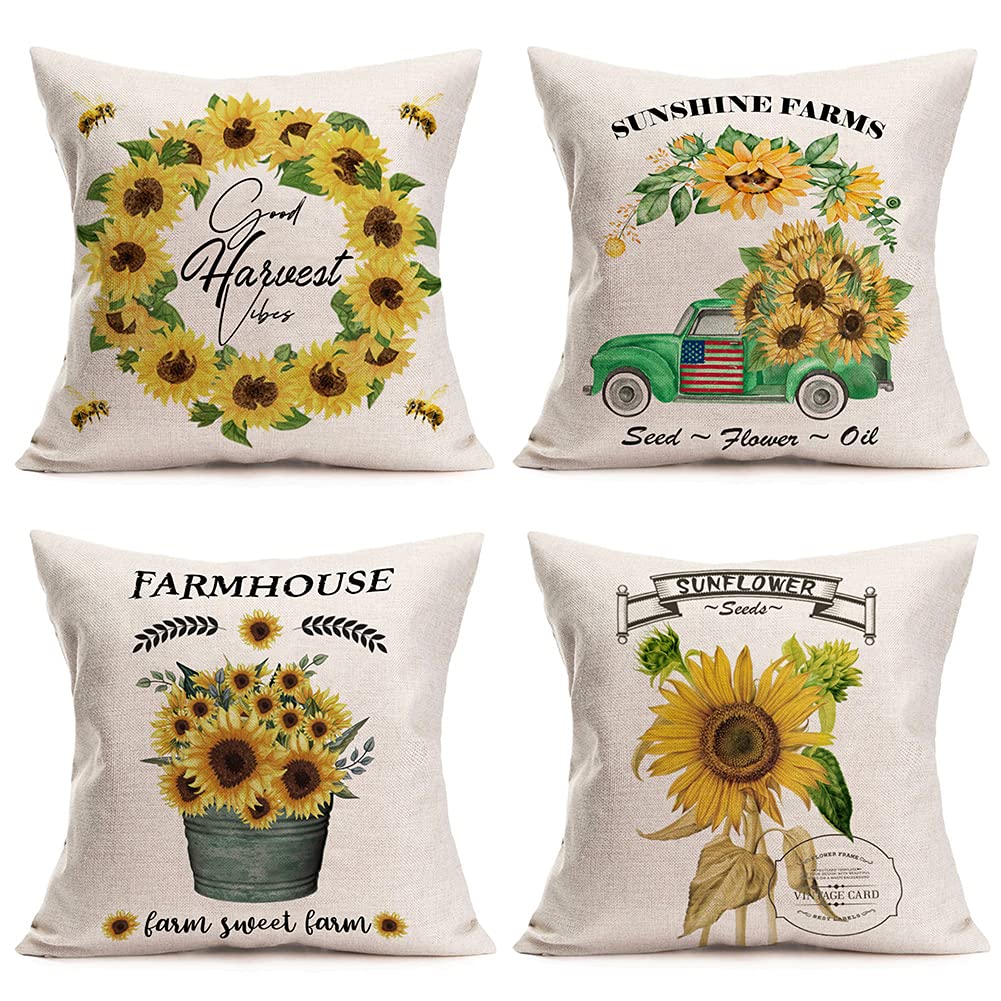 Qinqingo Rustic Sunflower Farmhouse Pillow Covers 18 x 18 Set of 4 Summer Decorative Truck Bee Farm Sweet Farm Design Throw Pillow Cover Cushion Case for Sofa Bench Outdoor Home Decor (Sunshine)