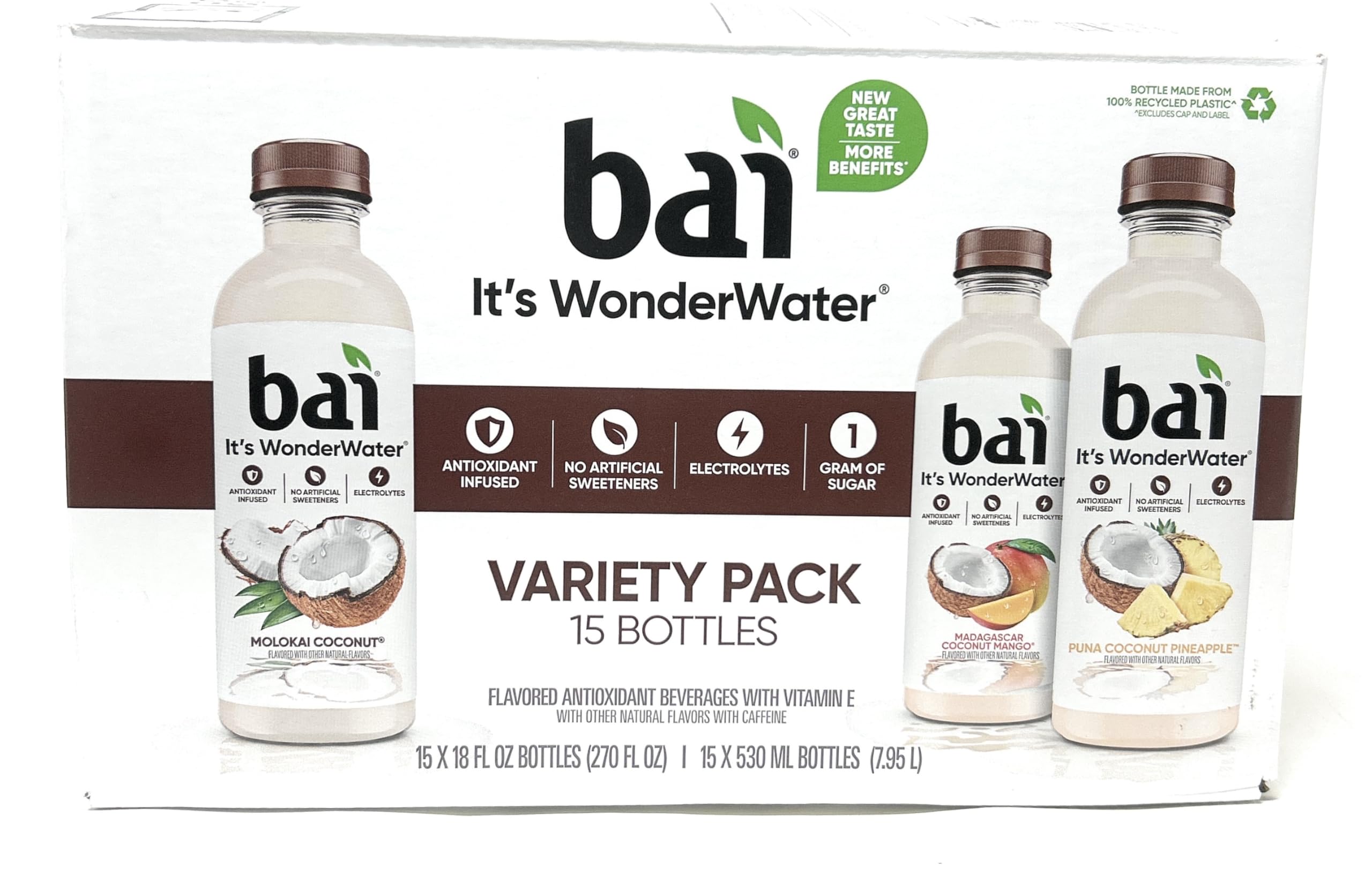 Bai WonderWater Coconut Variety Pack, 18oz bottles - pack of 15 (Molokai Coconut, Madagascar Coconut Mango, Puna Coconut Pineapple)