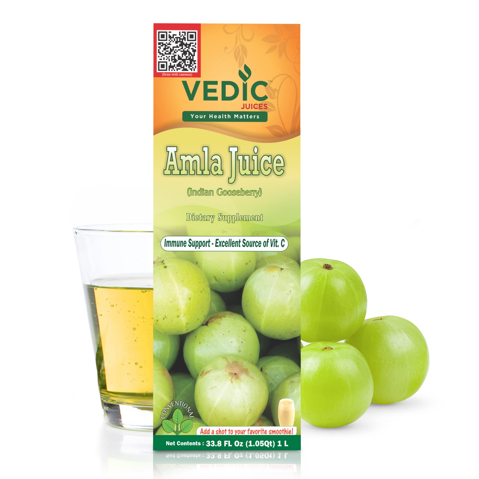 Vedic Juices Amla Juice, Indian Gooseberry Supplement with Vitamin C for Gut Health, and Hair Growth, Herbal Drink - 1 Liter