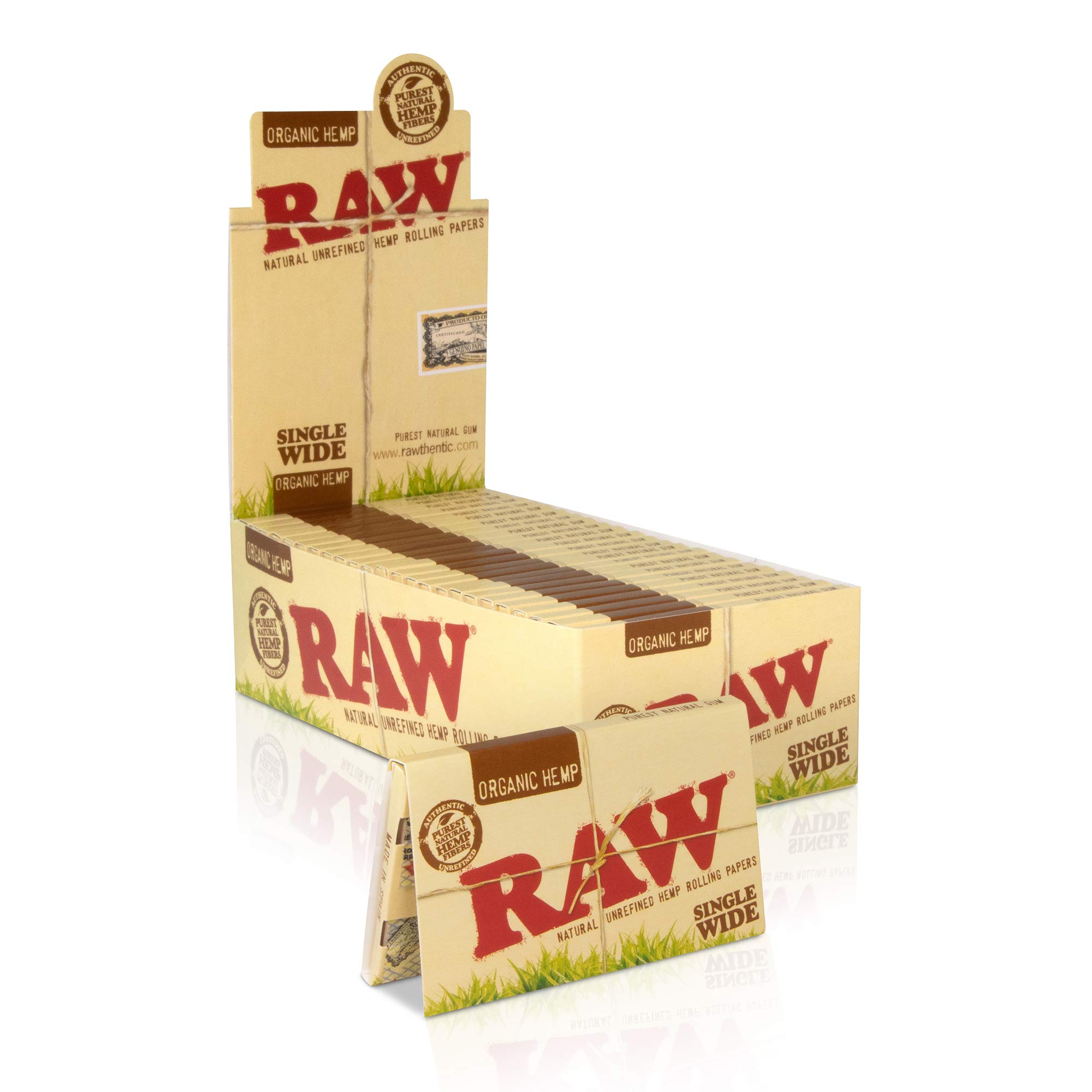 RAW Organic Single Wide Single Feed Rolling Papers | 50 Packs of 50 All Natural - Organically Produced - Pure Hemp Papers per Pack