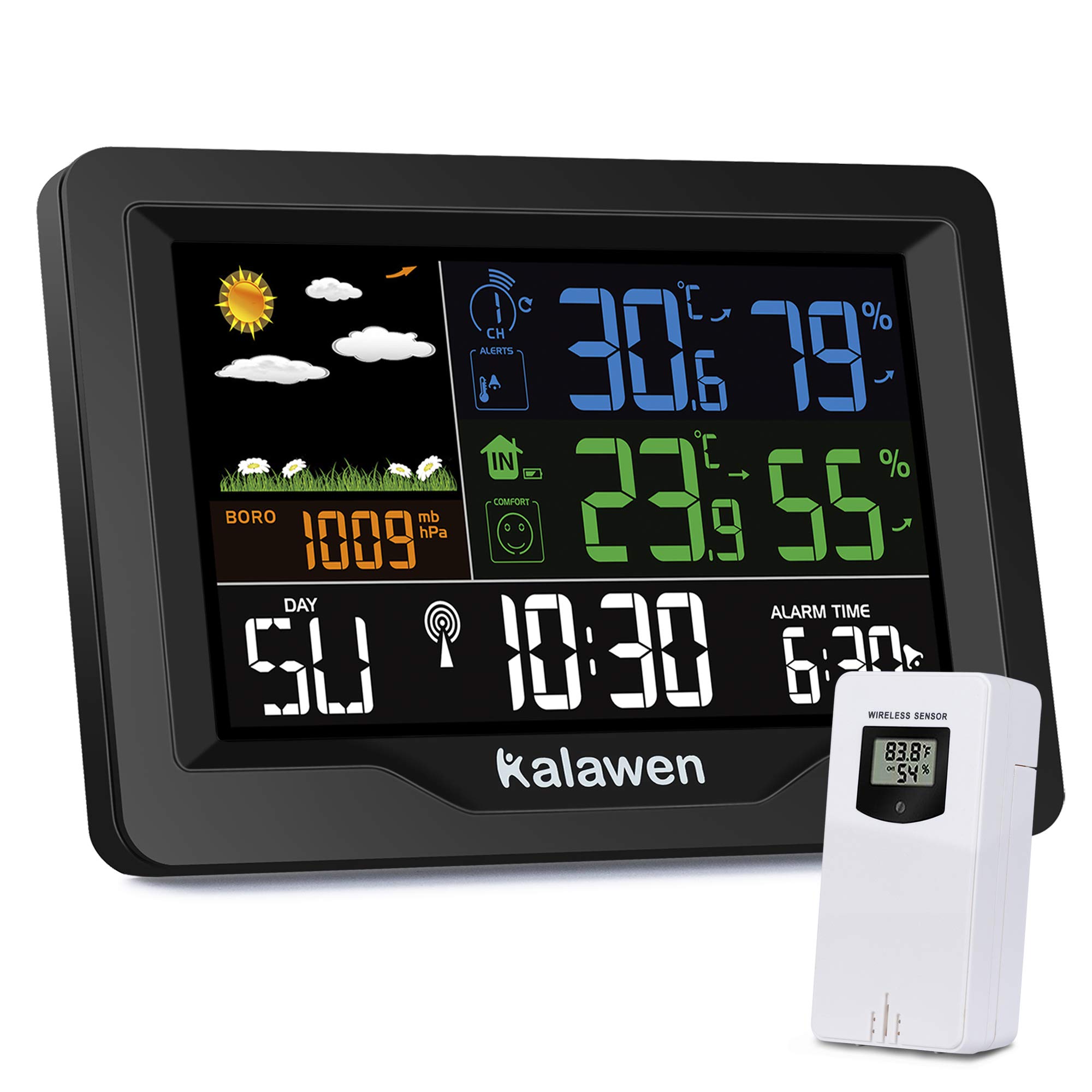 Kalawen Digital Weather Station with Outdoor Sensor, MSF Wireless Alarm Clock, Colour LCD, USB Charging Port, Alarm Clock, Weather Forecasting, Temperature, Barometer, Humidity Monitor