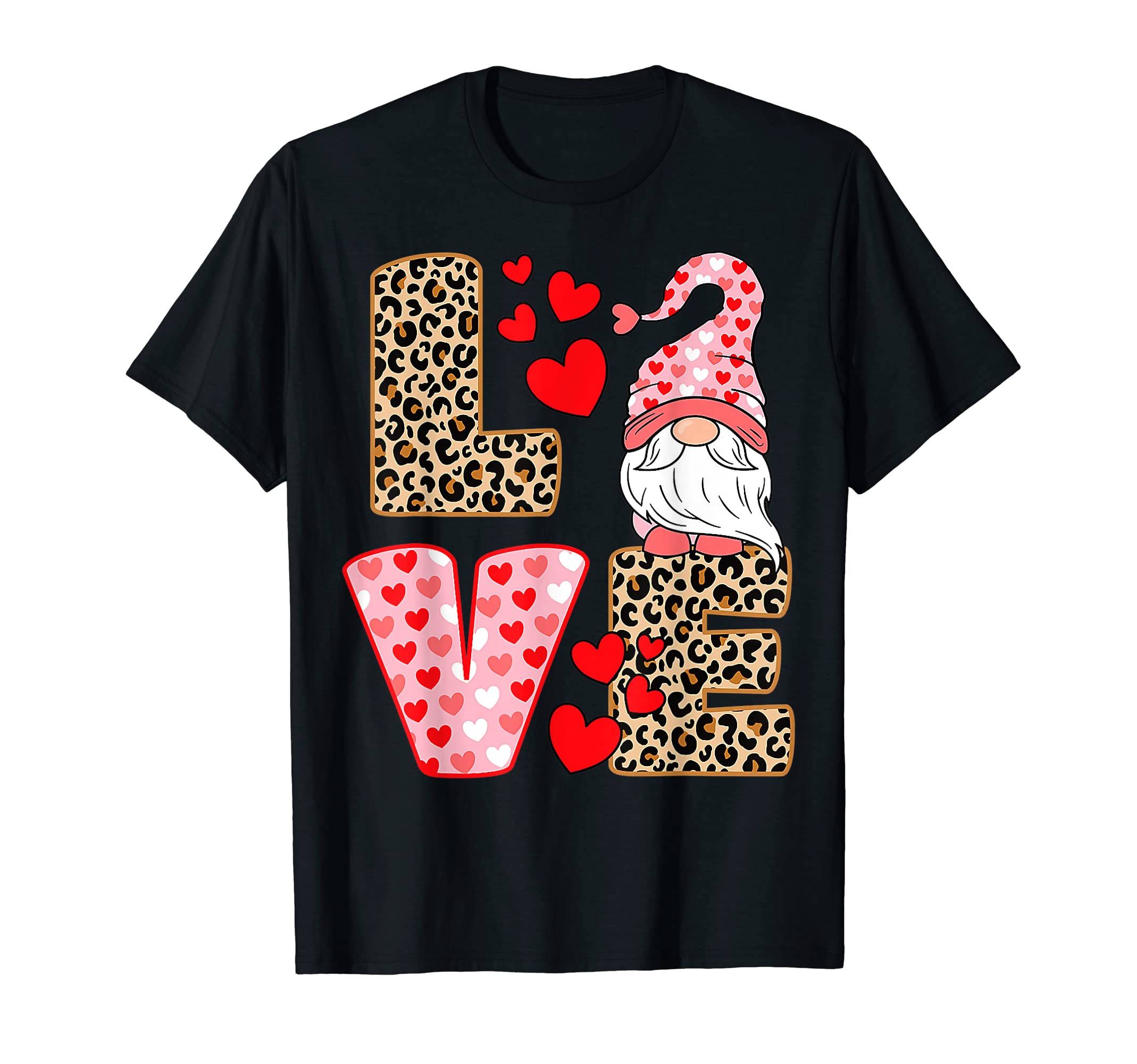 Valentines Day Cute Love Heart Gnome Leopard Cheetah Print T-Shirt