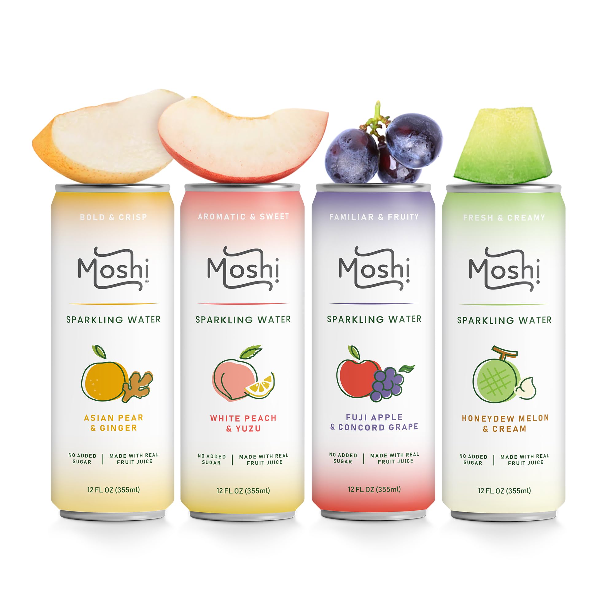 Moshi Asian Flavored Sparkling Water 12 Pack - Carbonated Drink Made With Real Fruit Juice - No Added Sugar - Low Calorie (Pack of 12, Variety)