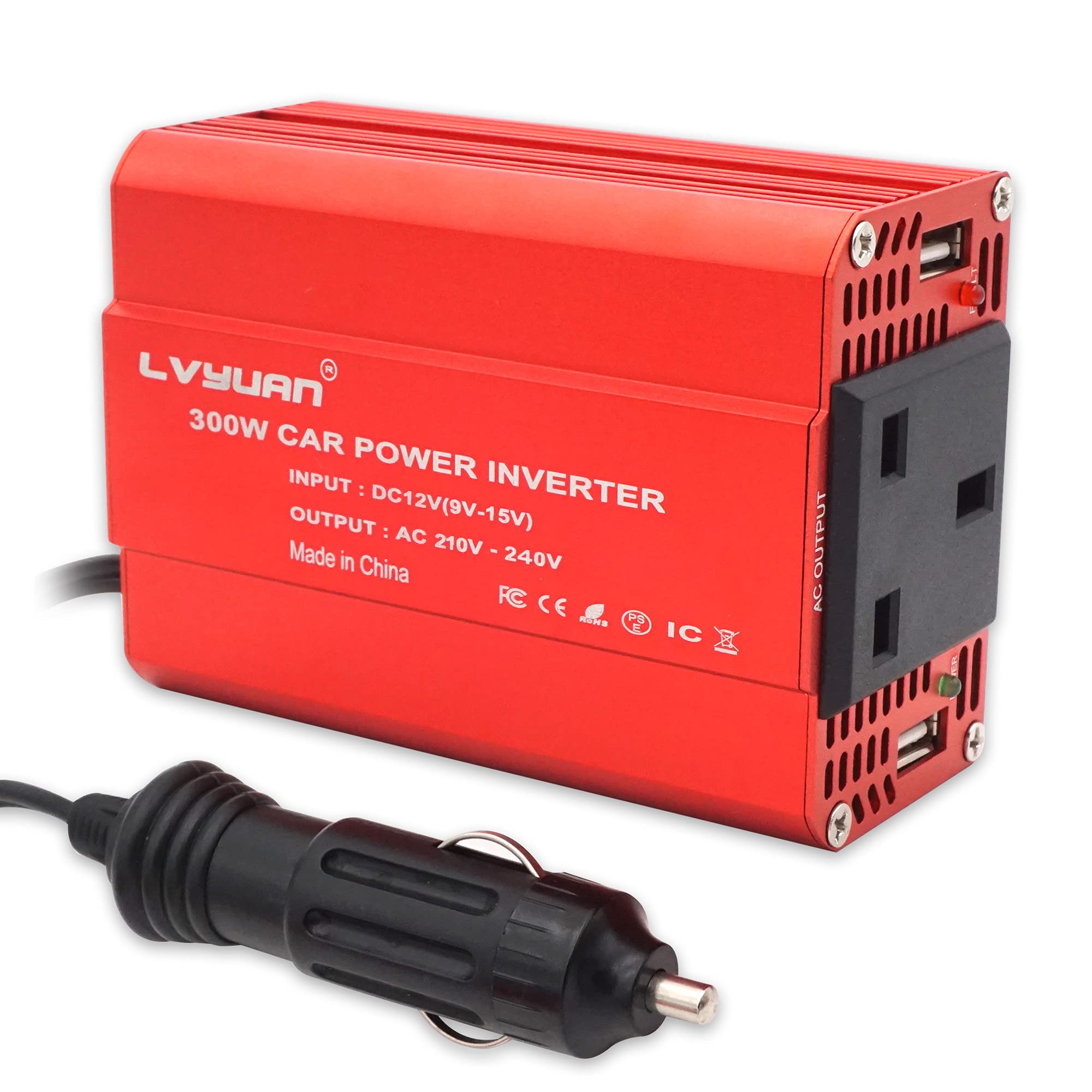 LVYUAN 300W Car Power Inverter DC 12V to 230V 240V AC Car Converter with Dual USB 2.4A Ports & UK Sockets Car Cigarette Adapter Converter, Red Aluminum Alloy Body