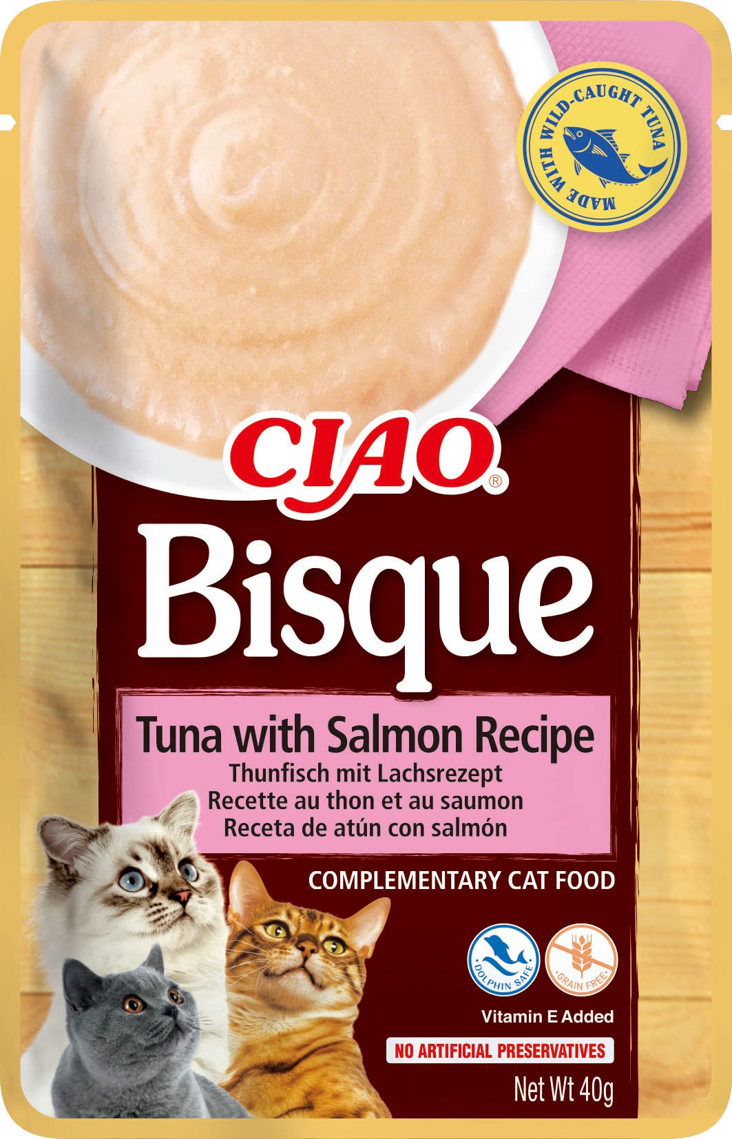 Ciao Bisque by INABA Cat Treat - Tuna and Salmon- 1 Pack (40g total) / Moist Cat Treat, Delicious & Healthy Snack, Puree Food Topper, Side Dish, Complement, Natural, Grain Free