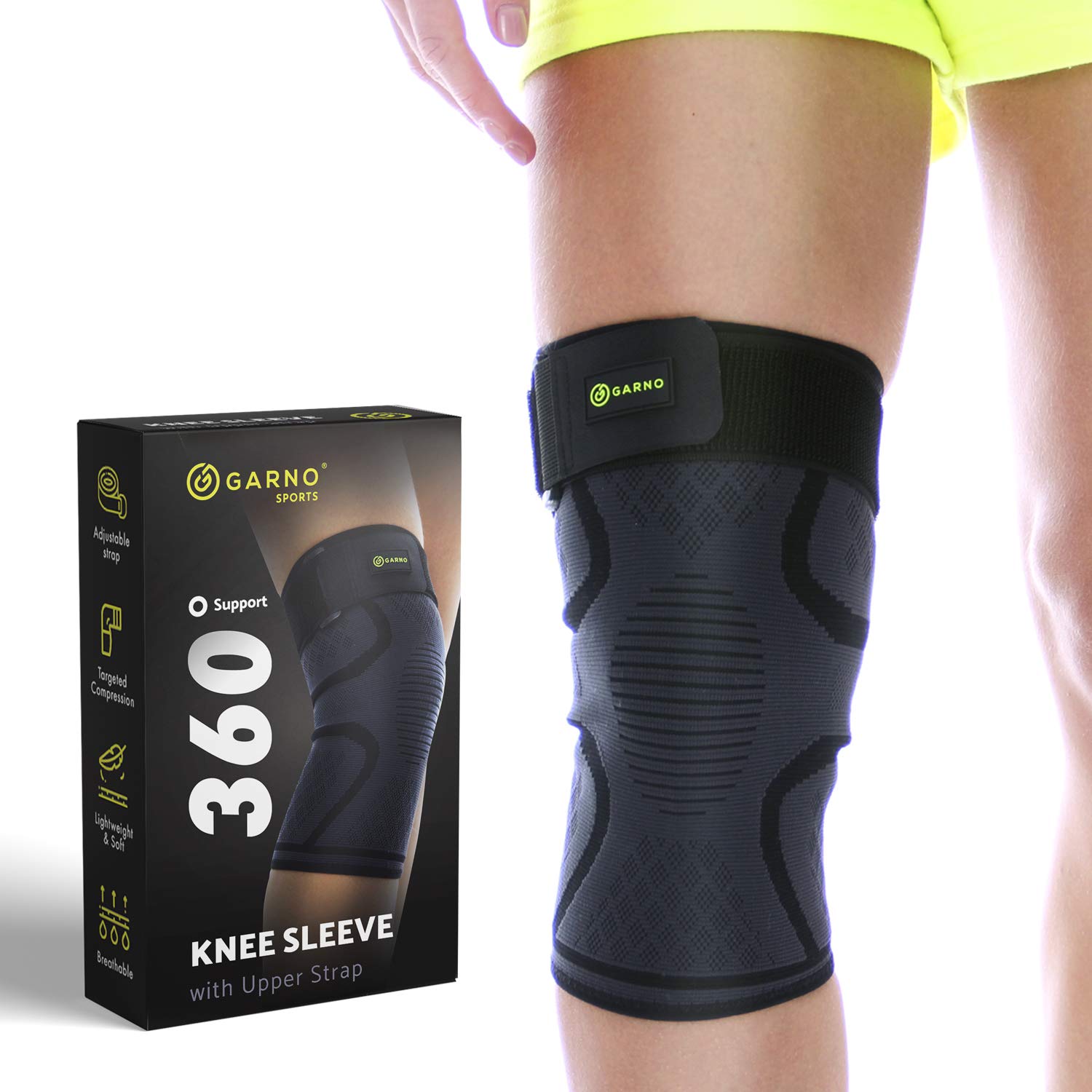 GARNO Knee Brace For Knee Pain, Compression Sleeve with Strap for Patella and IT Band Support; Relief for Arthritis, Meniscus, ACL; Men & Women; Running, Workout, Weightlifting