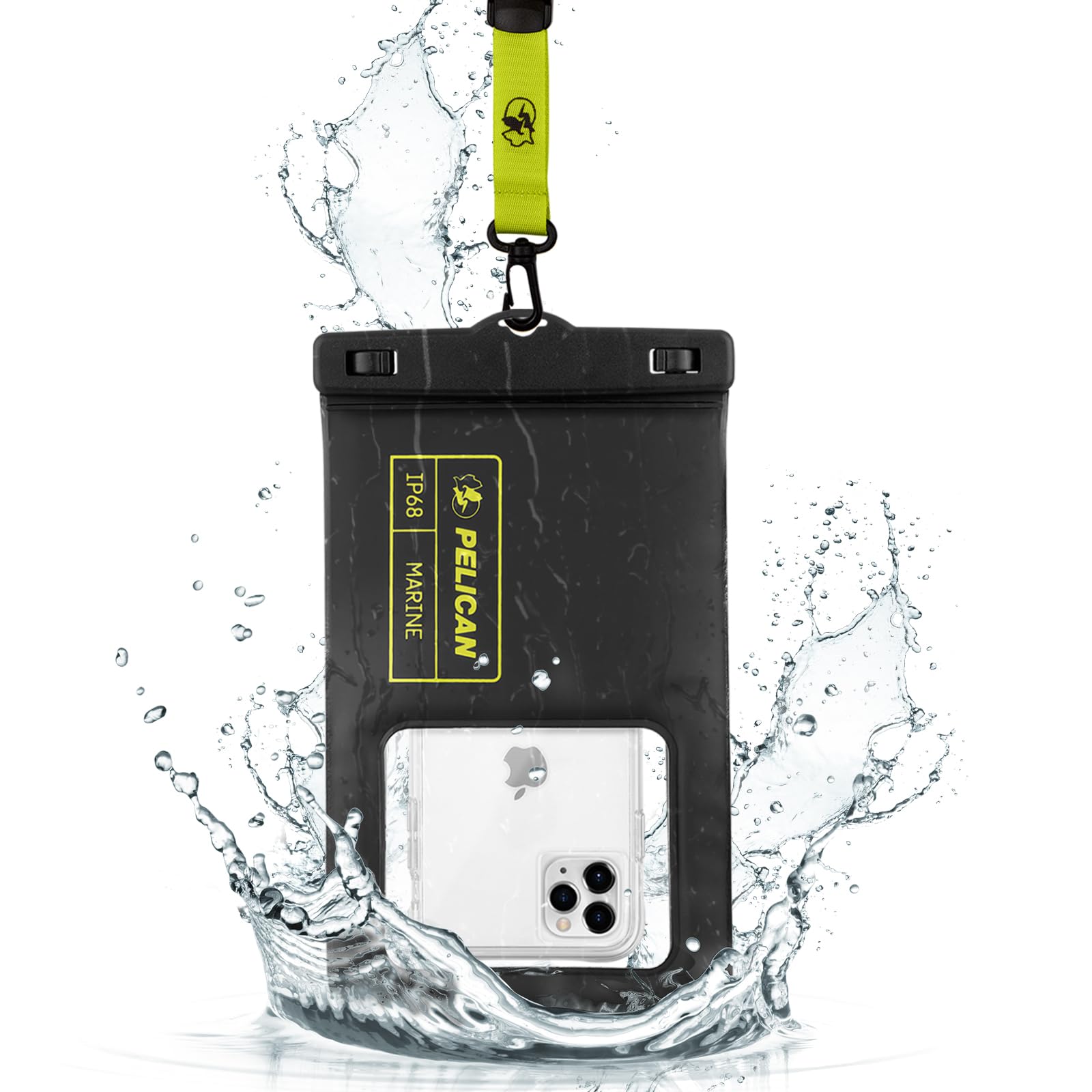 Pelican Marine - IP68 Waterproof Phone Pouch (XL Size) - Floating Waterproof Phone Case - iPhone 15 Pro Max/ 14 Pro Max/ 13 Pro Max/ 12/ S23 Ultra/Pixel 8 - Detachable Lanyard - Black/Hi-Vis Yellow