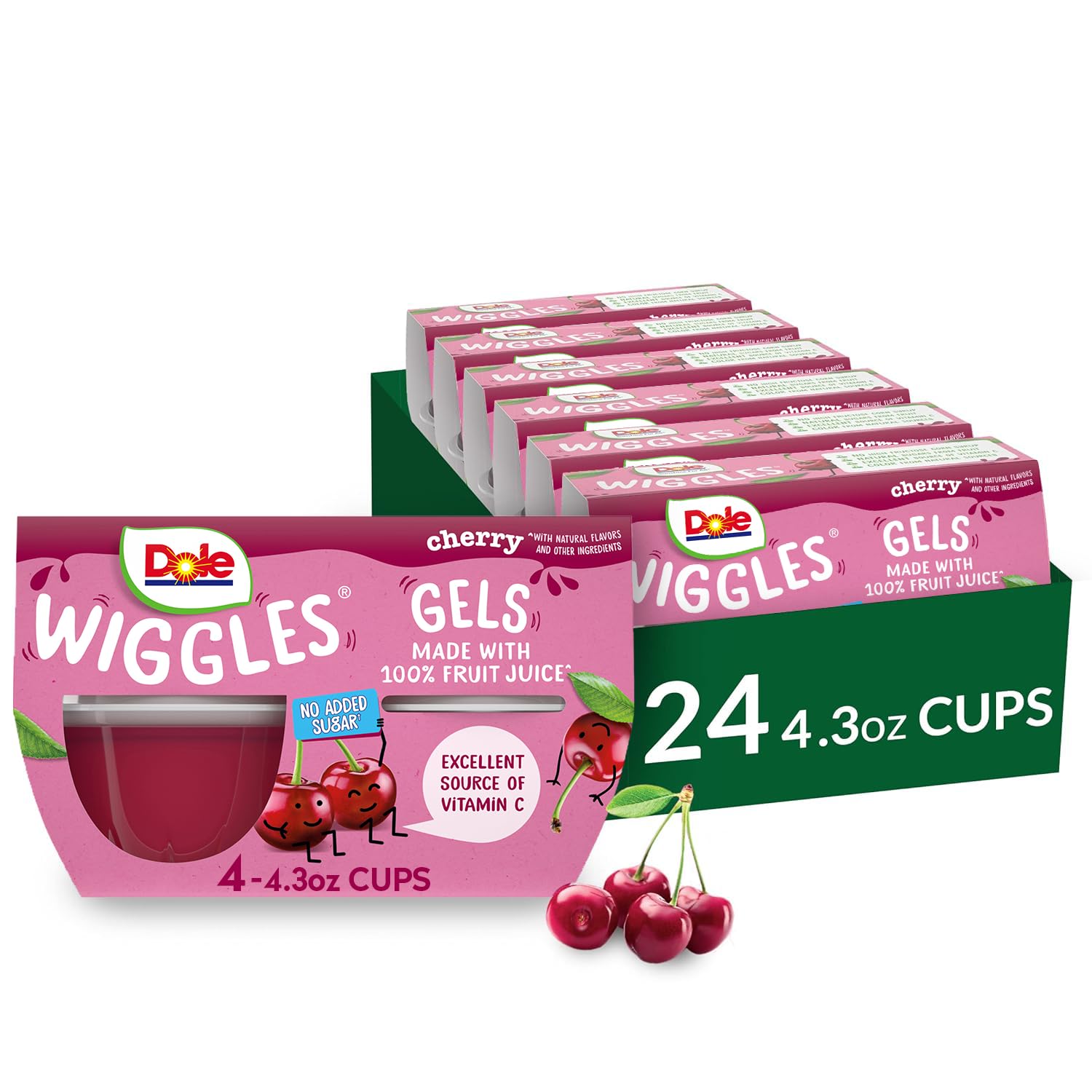 Dole Wiggles No Sugar Added Cherry Fruit Juice Gel Snacks, 4.3oz 24 Total Cups, Gluten & Dairy Free, Bulk Lunch Snacks for Kids & Adults