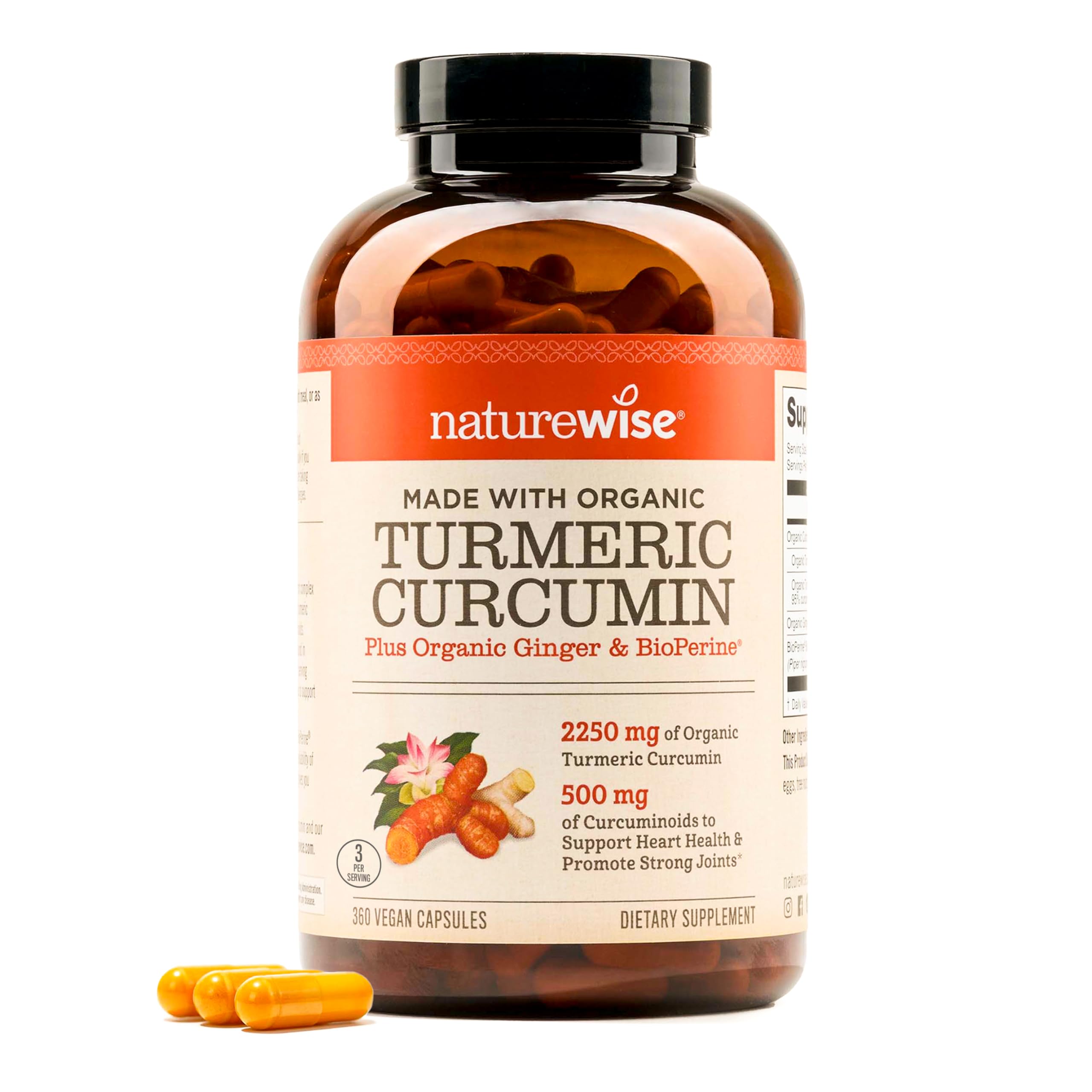 NatureWiseCurcumin Turmeric 2250mg - 95% Curcuminoids 500mg - Turmeric w/BioPerine Black Pepper & Ginger - Enhanced Bioavailability for Joint Support - Vegan, Non-GMO - 360 Capsules[4-Month Supply]