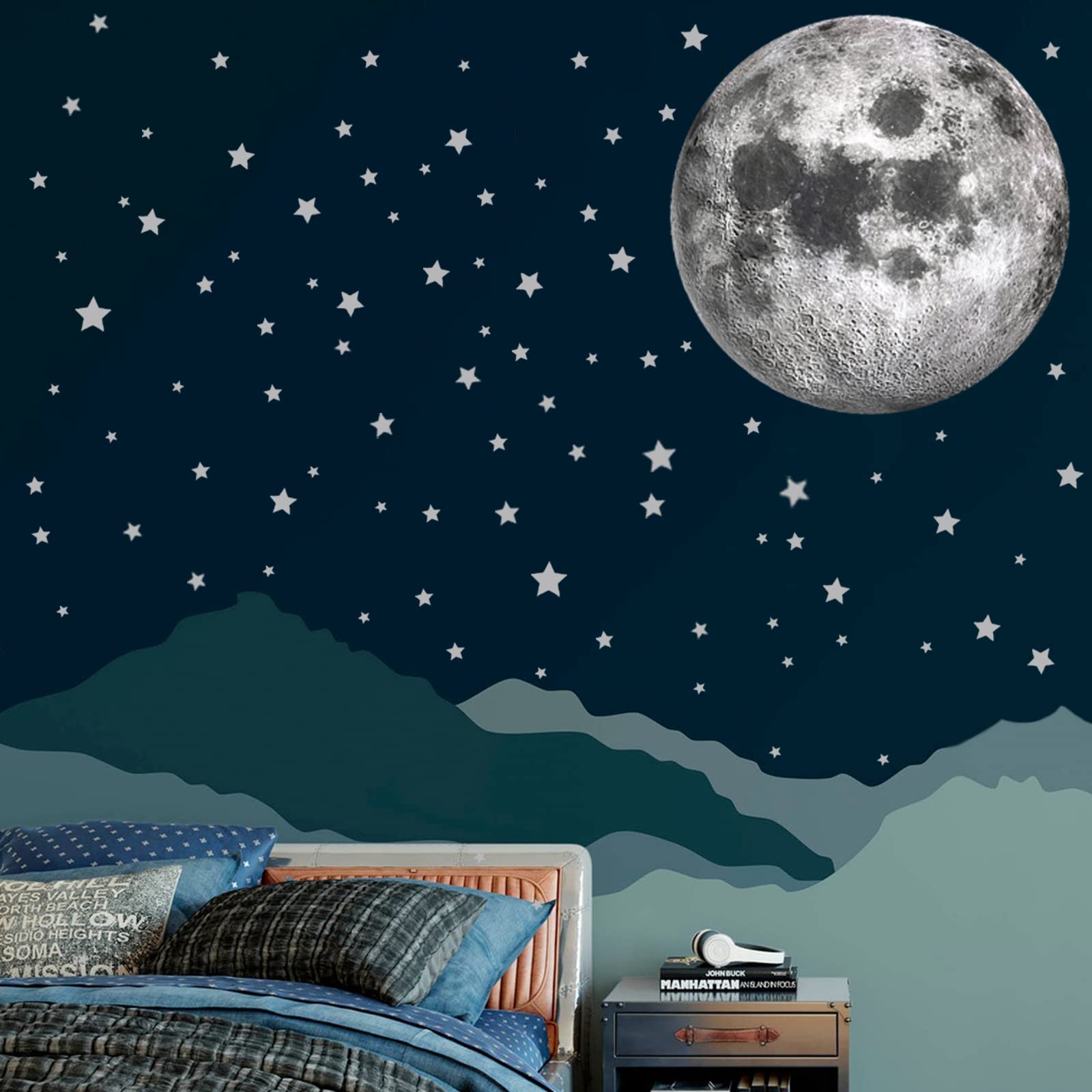 Big Moon and Stars Wall Decals Peel and Stick Vinyl Stickers 500pcs Gray Stars Wall Stickers for Kids Boys Girls Baby Room Decor Nursery Wall Decor Bedroom Decor