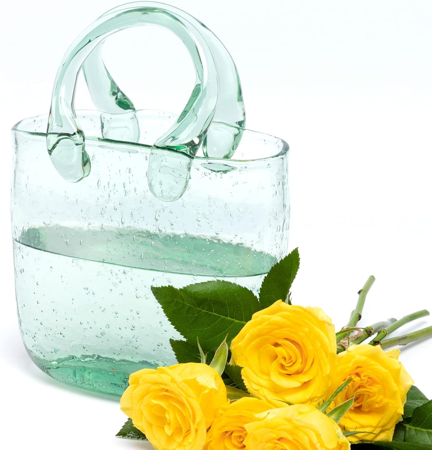 Haetingcare Hand Blown Glass Vase with Unique Design, Clear Glass Vase with Handles in Purse Shape for Decor, Good for Floral Arrangement, Centerpiece & Home Décor_Short