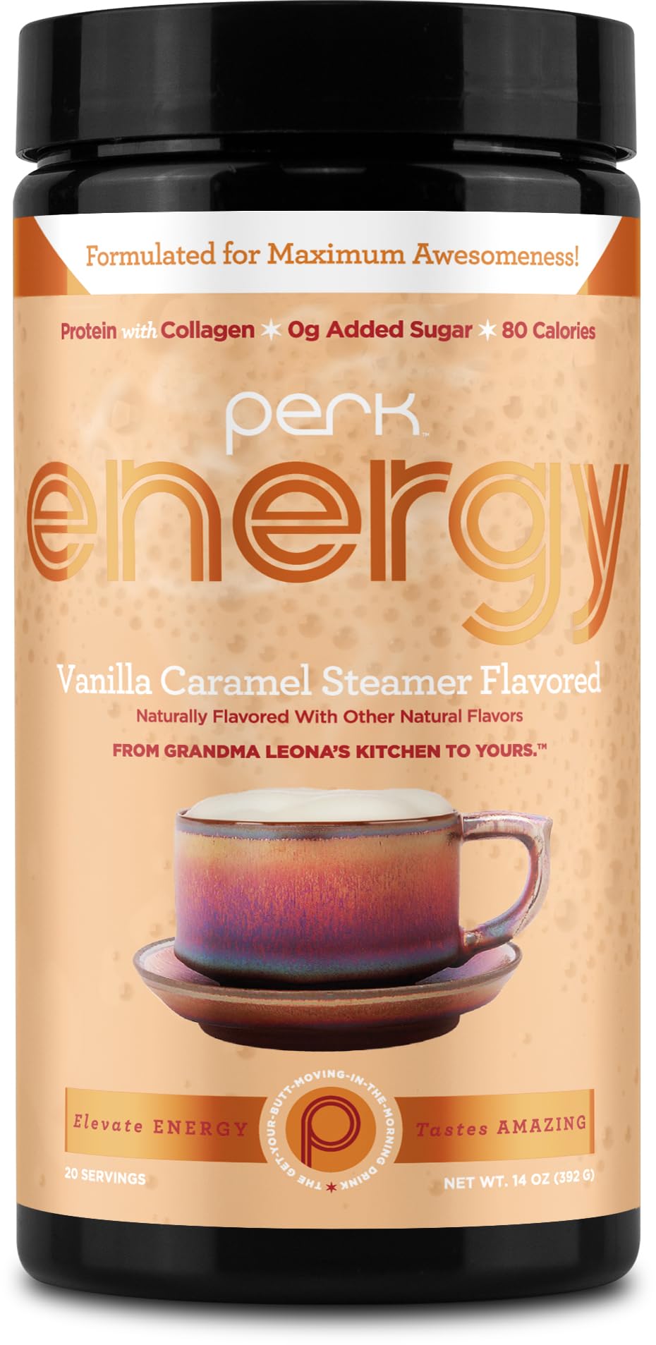 PerkEnergy Original Vanilla Caramel Steamer Flavored Drink Powder (20 Servings) - Gluten-Free, Peanut-Free