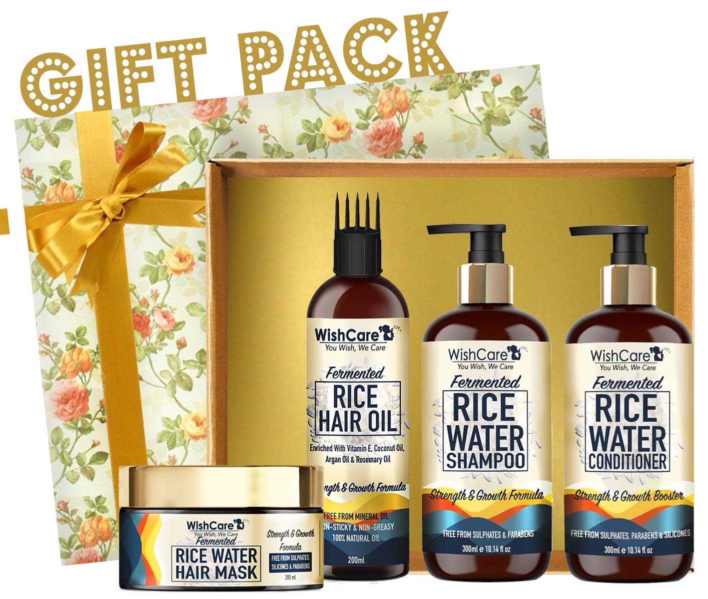 WishCare Fermented Rice Water Hair Care Range - Gift Pack - Shampoo + Conditioner + Hair Oil + Hair Mask