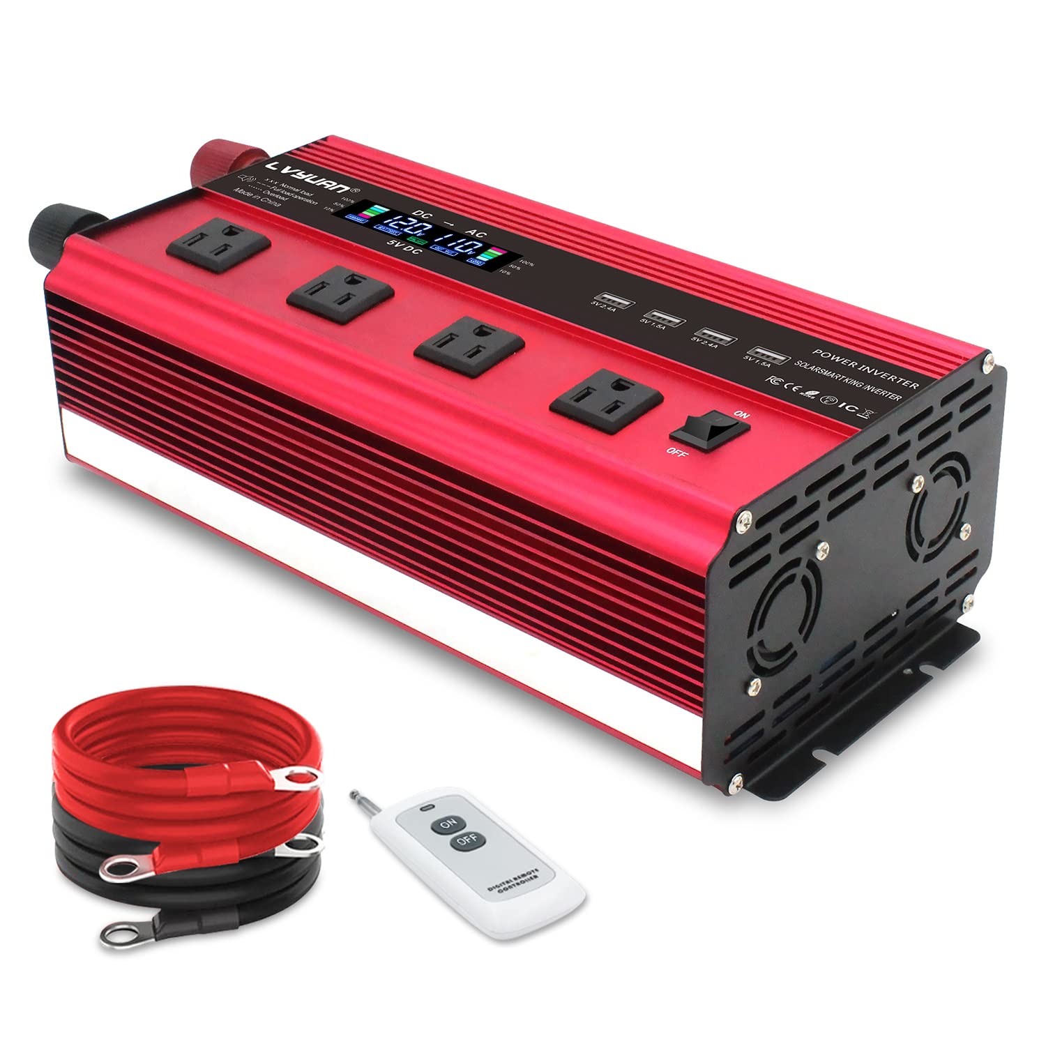 LVYUAN 2000 Watt Power Inverter 12V to 110V with 4 AC Outlets, LCD Display, Wireless Remote Control, Car Power Inverter for Car, RV, Truck, Off Grid Solar System, Camping