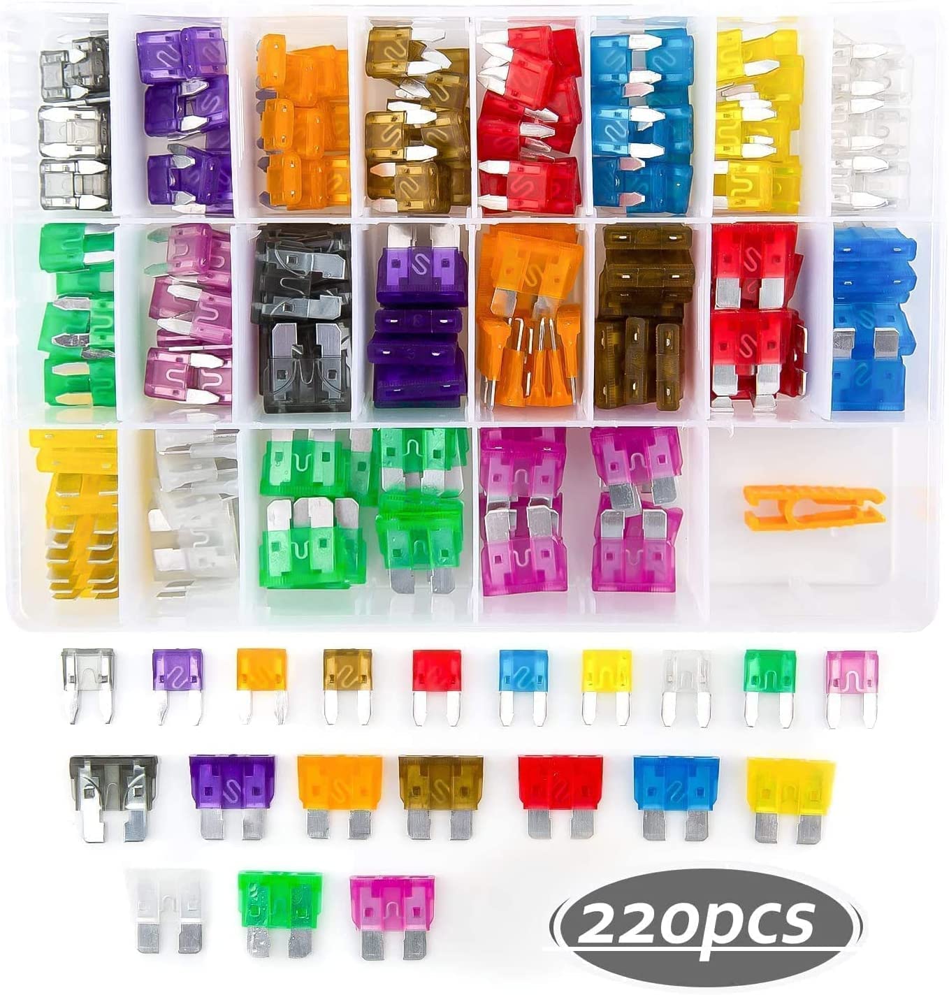 220 PCS Car Blade Fuse Assorted Set with 10 Pack 14AWG ATC/ATO Inline Fuse Holder-A, Upgrade Car Fuses Kit with Fuse Extractor, Mini Blade Fuses Set,Standard Fuses for Car Truck SUV Automotive