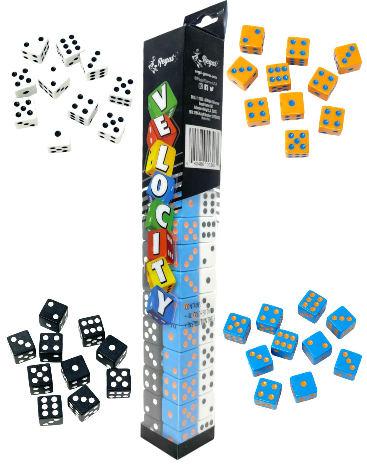 Regal Games Velocity Dice Game Set with Case - Square Dice Colored Set for Family Game Night - 2 to 4 Player (40 Dices)