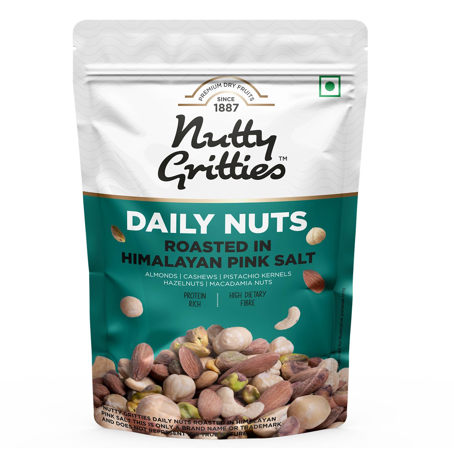 Nutty Gritties Daily Nuts with 5 Exotic Nuts Macadamias, Hazelnuts, Pistachio Kernels, Almonds, Cashews | Dry Roasted with Himalayan Pink Salt | Healthy Snack with Zero Oil, 200g