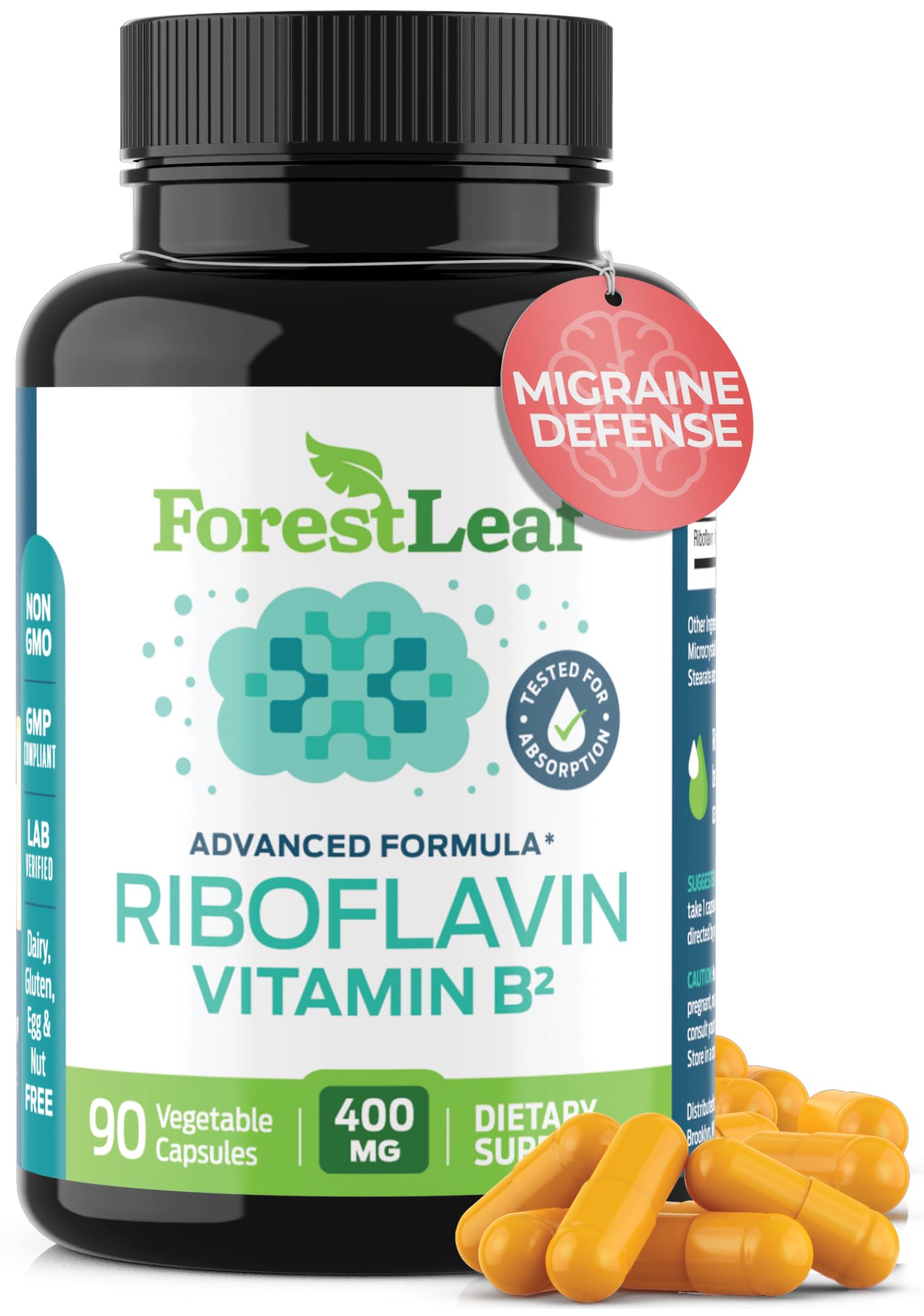 ForestLeafVitamin B2 Riboflavin 400mg - Energy, Skin & Cellular Health Supplement - Nervous System Support - Vitamin B 2 VIT B - Non-GMO & Gluten Free - B2 Vitamin 400mg Vegetable Capsules, 90 Count