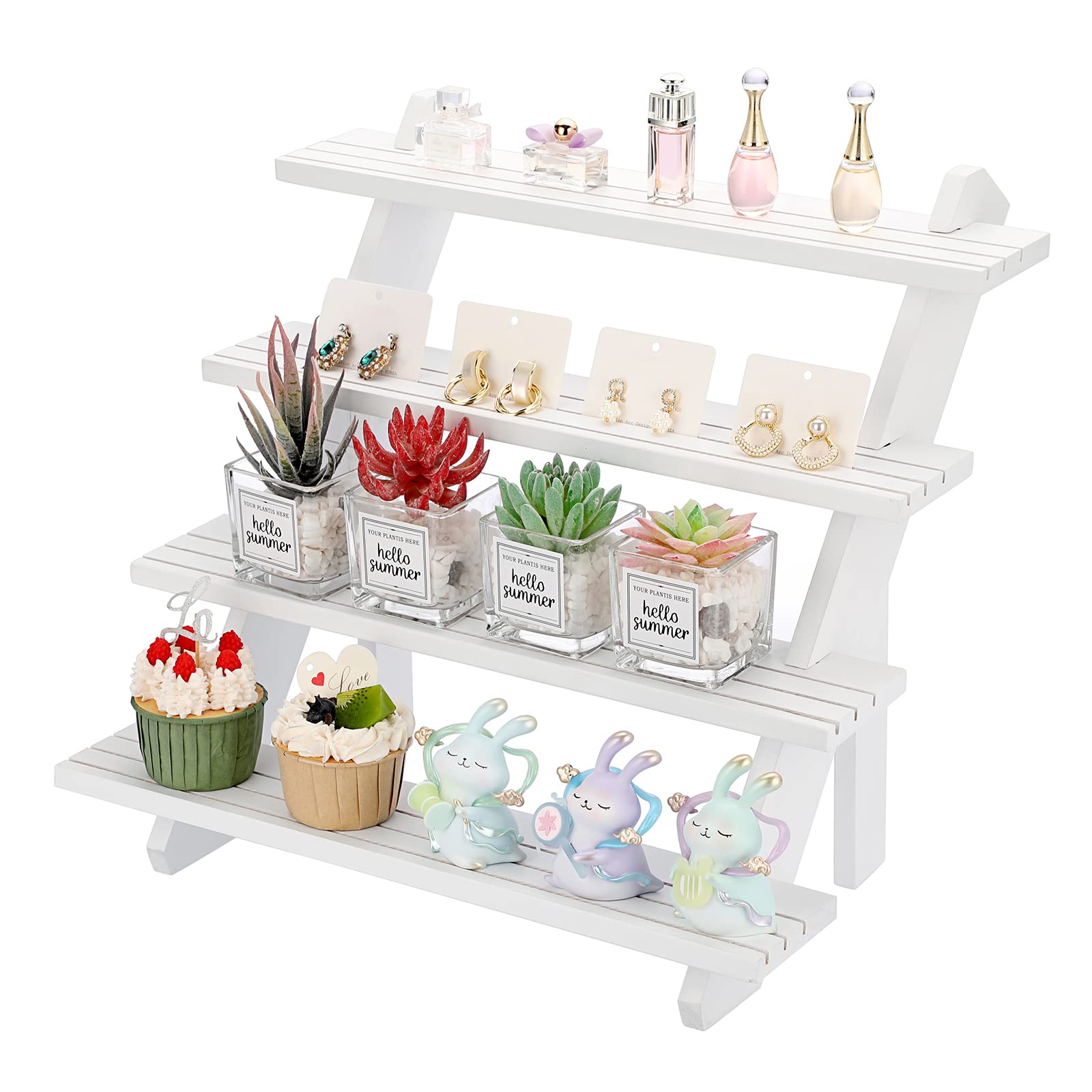 ELLDOO 4-Tier Wooden Display Riser, Retail Jewelry Card Display Stand, Rustic White Wooden Cupcake Stand Shelves, Organizer Showcase Cascading Merchandise Organizer Rack Vendor Display Supplies for Tabletop