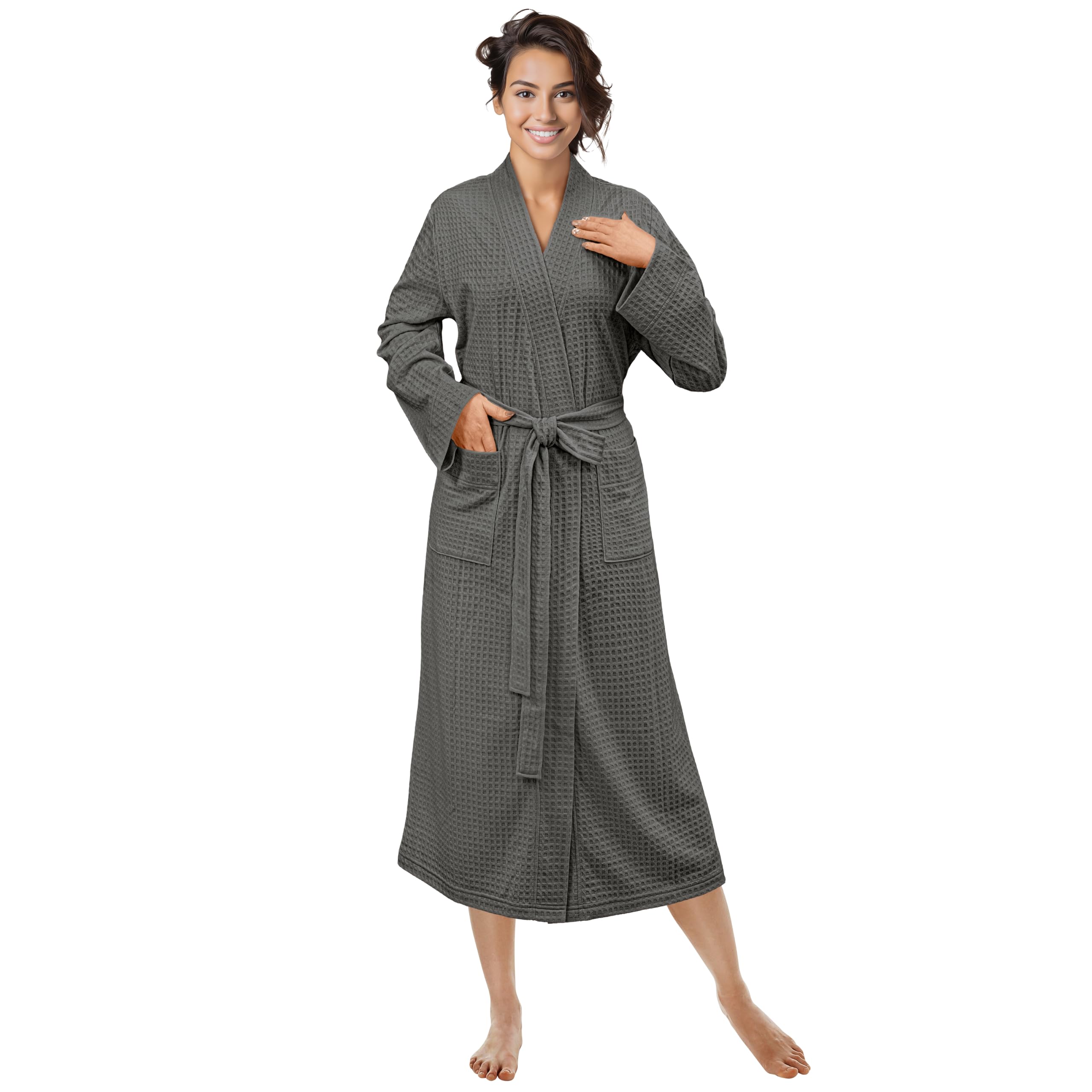 PAVILIAWomen Waffle Knit Kimono Robe, Soft Cozy Breathable Lightweight Long Bathrobe with Side Pockets for Shower Spa House