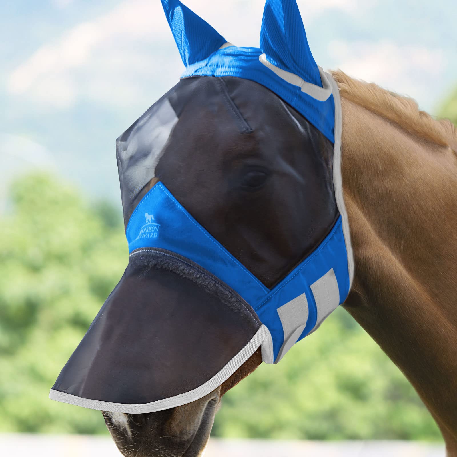 Harrison Howard Pro Luminous Horse Fly Mask Long Nose with Ears UV Protection for Horse Signature Blue XL Extra Full Size