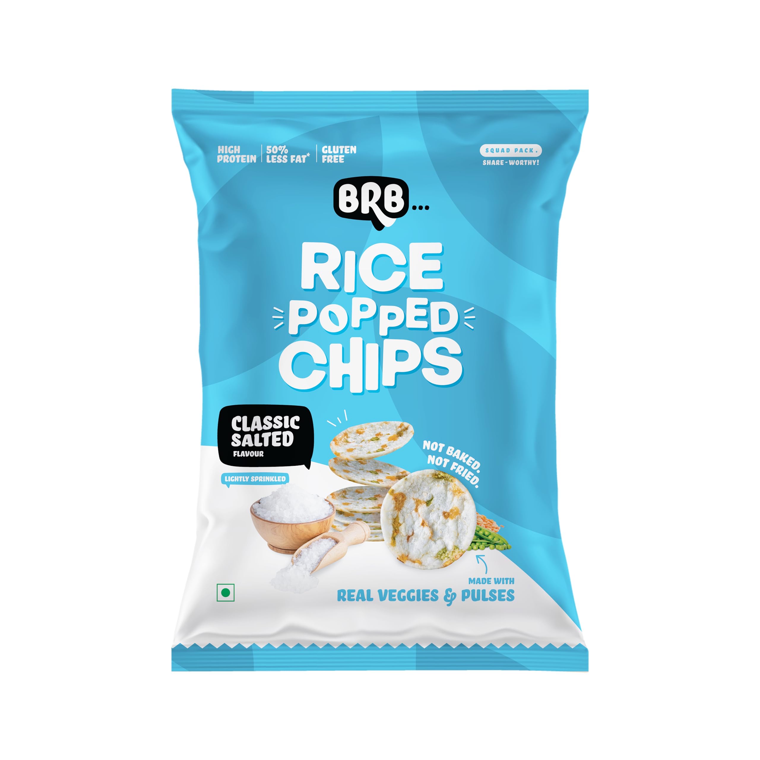 BRB Rice Popped Chips | Not Baked, Not Fried | 48 Grams | Classic Salted Flavour | High Protein | High Fibre | Gluten-Free | Low Fat