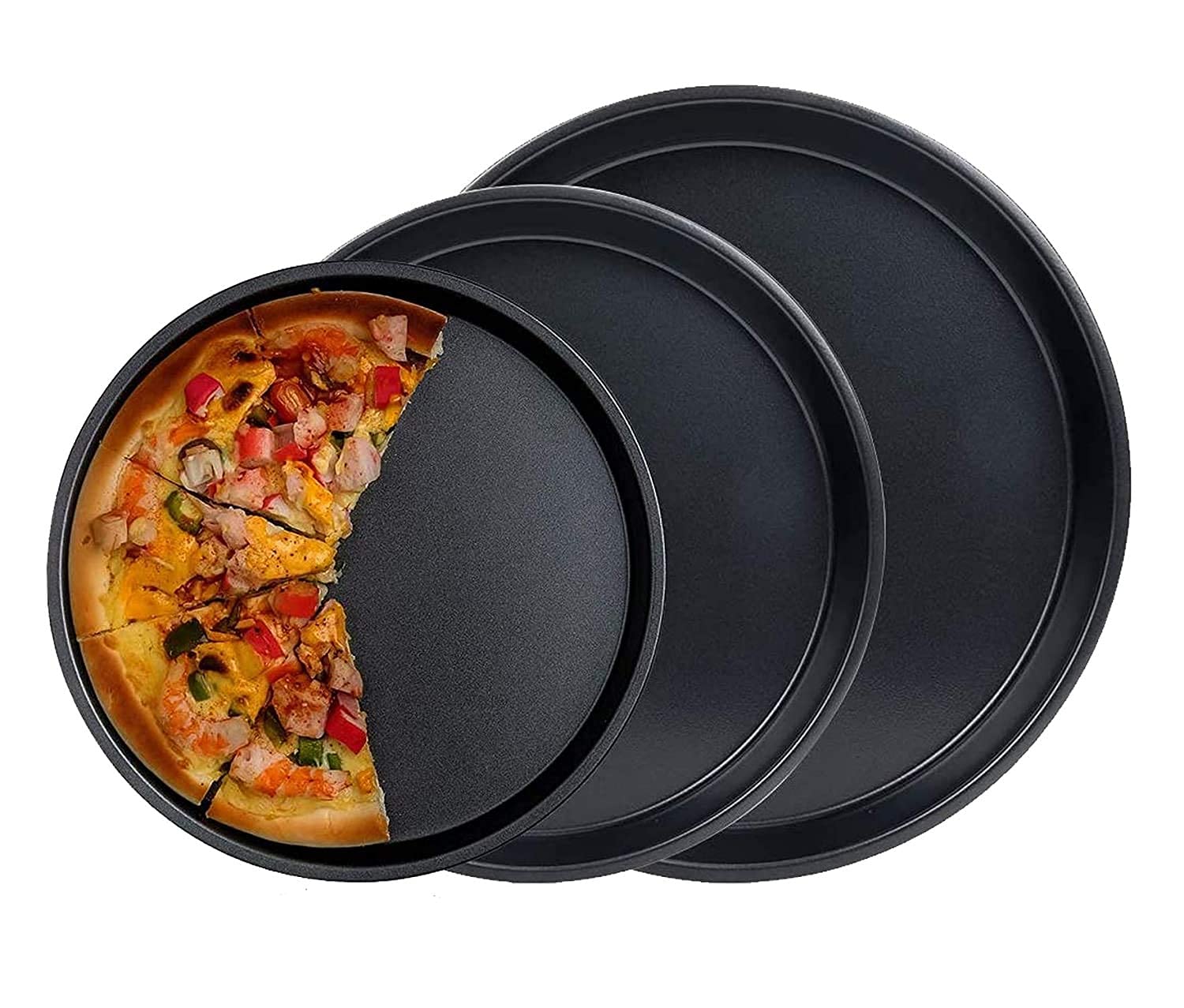 ZollyssCarbon Steel Pizza Tray for Microwave Oven Non Stick Baking Pizza Pan - Set of 3 - Black - (20 cm - 23 cm - 25 cm)