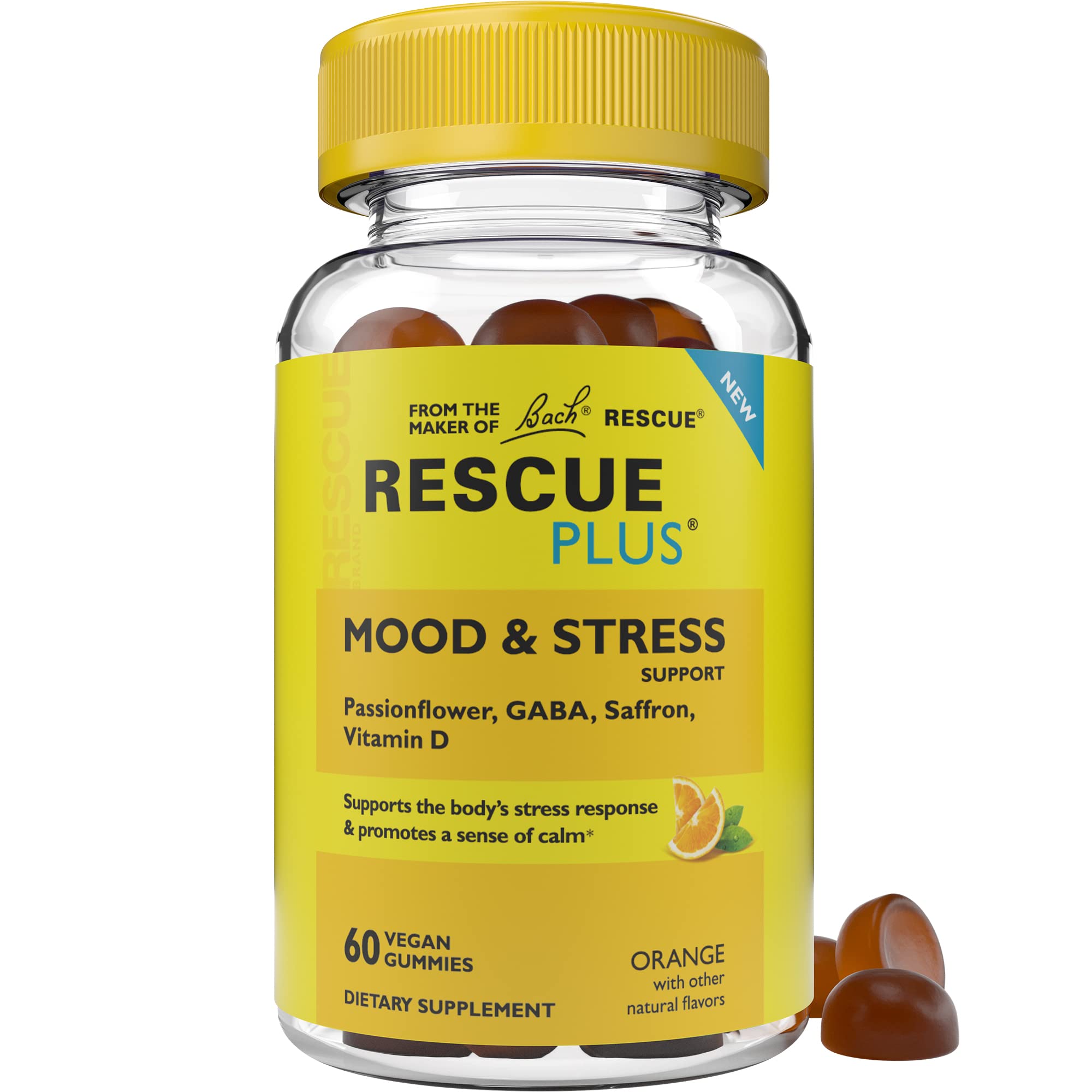 RESCUE Bach Plus Mood & Stress Support Gummies, Daytime Dietary Supplement with Passionflower, GABA, Saffron & Vitamin D, Natural Orange Flavor, Vegan & Gluten-Free, 60 Count