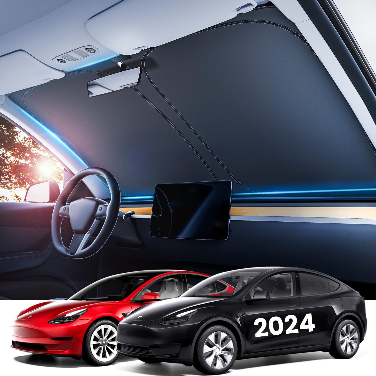 REEVAA2024 Newest Tesla Model Y SunShade Windshield Accessories [Dual-Silver Coating] [300D Oxford] Foldable Front Window Sunshade, Car Interior Protection, Fit Tesla Model Y 2019-2024, Silver Black