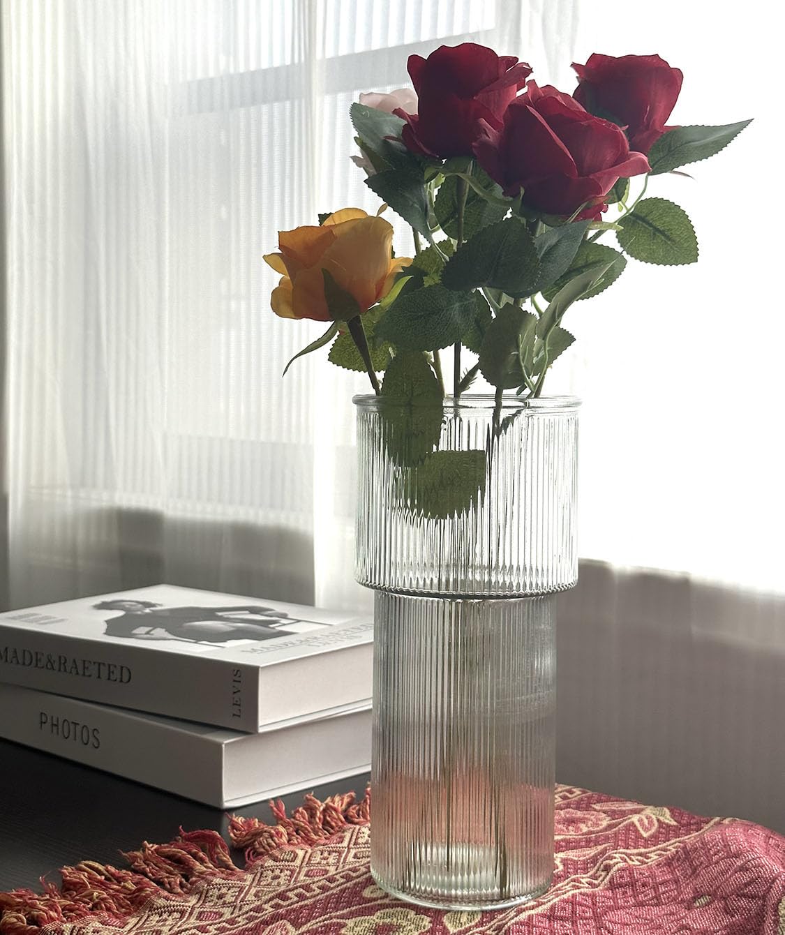 Glass Vase for Flowers, Large Tall Clear Ribbed Flower Vases for Table Decoration Centrepiece, Modern Ornaments for Living Room Dining Bedroom Home Minimalist Decor Accessories, Personalised Gifts