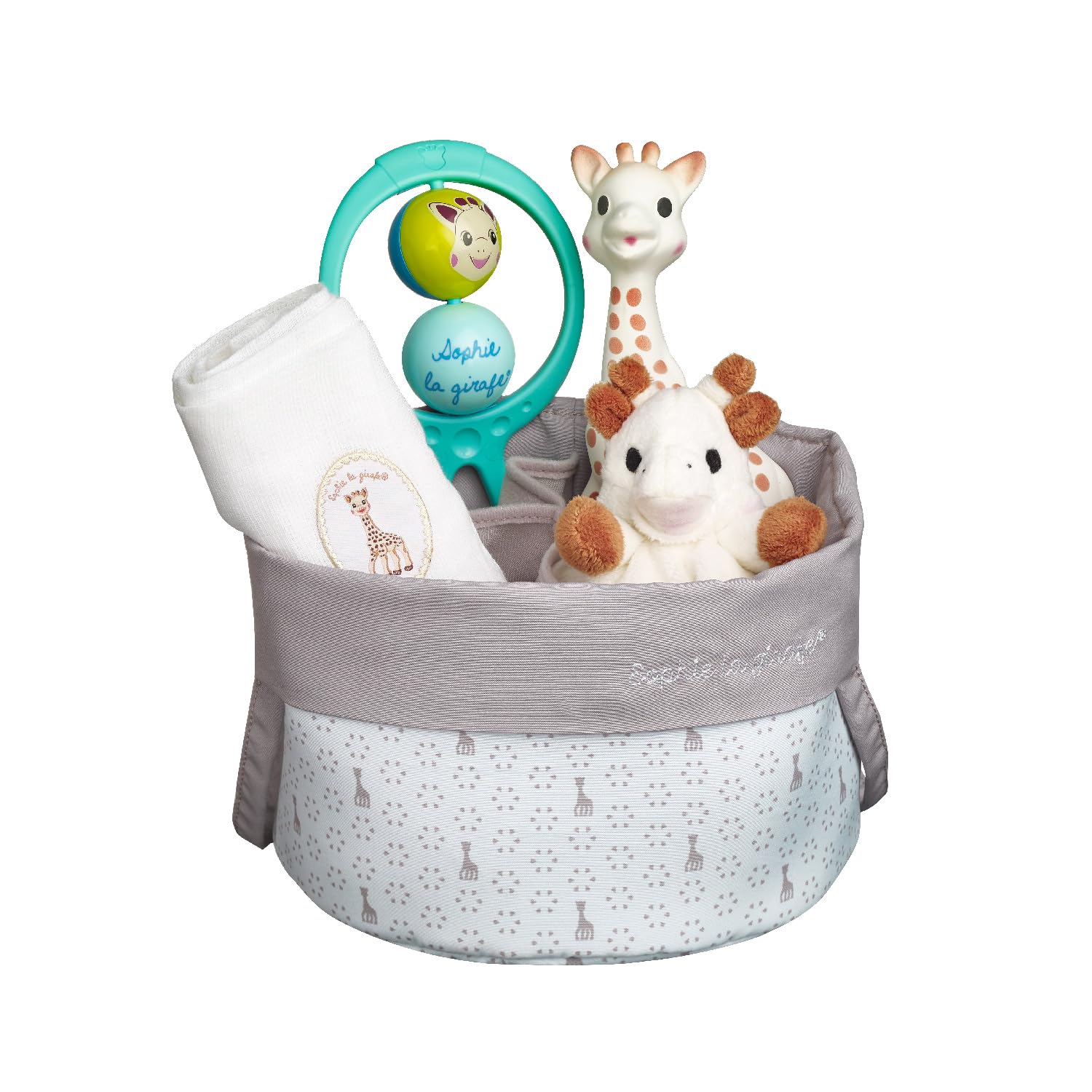 Sophie la girafe | Birth Basket | Includes a Basket with Handles, Sophie la girafe, Soft Comforter with Pacifier Holder, 100% Cotton Swaddle (70 cm x 70 cm) & a Swing Rattle