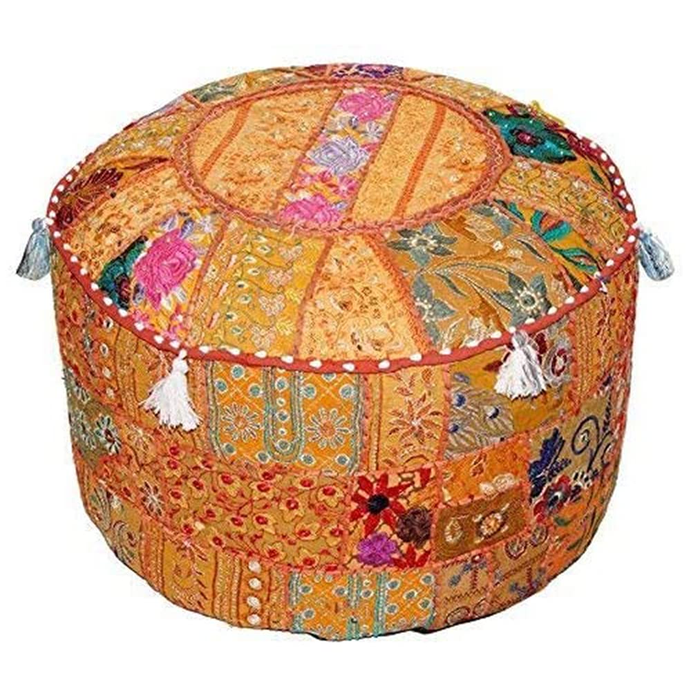 Aakriti Gallery Indian Pouf Footstool Ethnic Embroidered Pouf Cover, Indian Cotton Round Pouffe Ottoman Pouf Cover Pillow Ethnic Decor Art - Cover Only (Orange, 22x14)