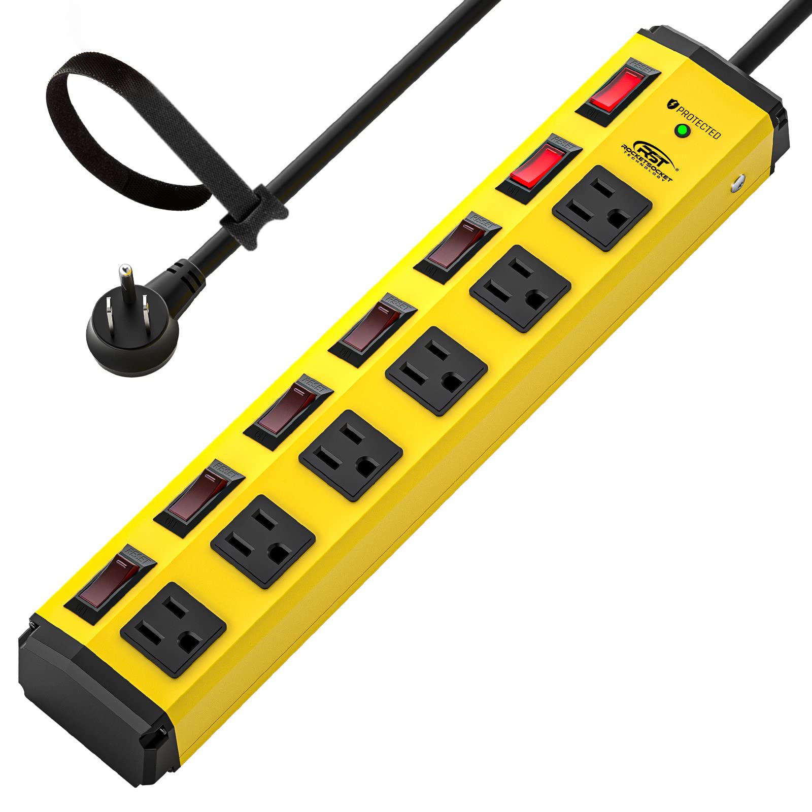 CRST 6-Outlet Heavy Duty Metal Power Strip with Individual Switches and Flat Plug, 15AMP/1875W Surge Protector (1200 Joules), 6-Feet 14AWG Cord with Hook and Loop Fastener