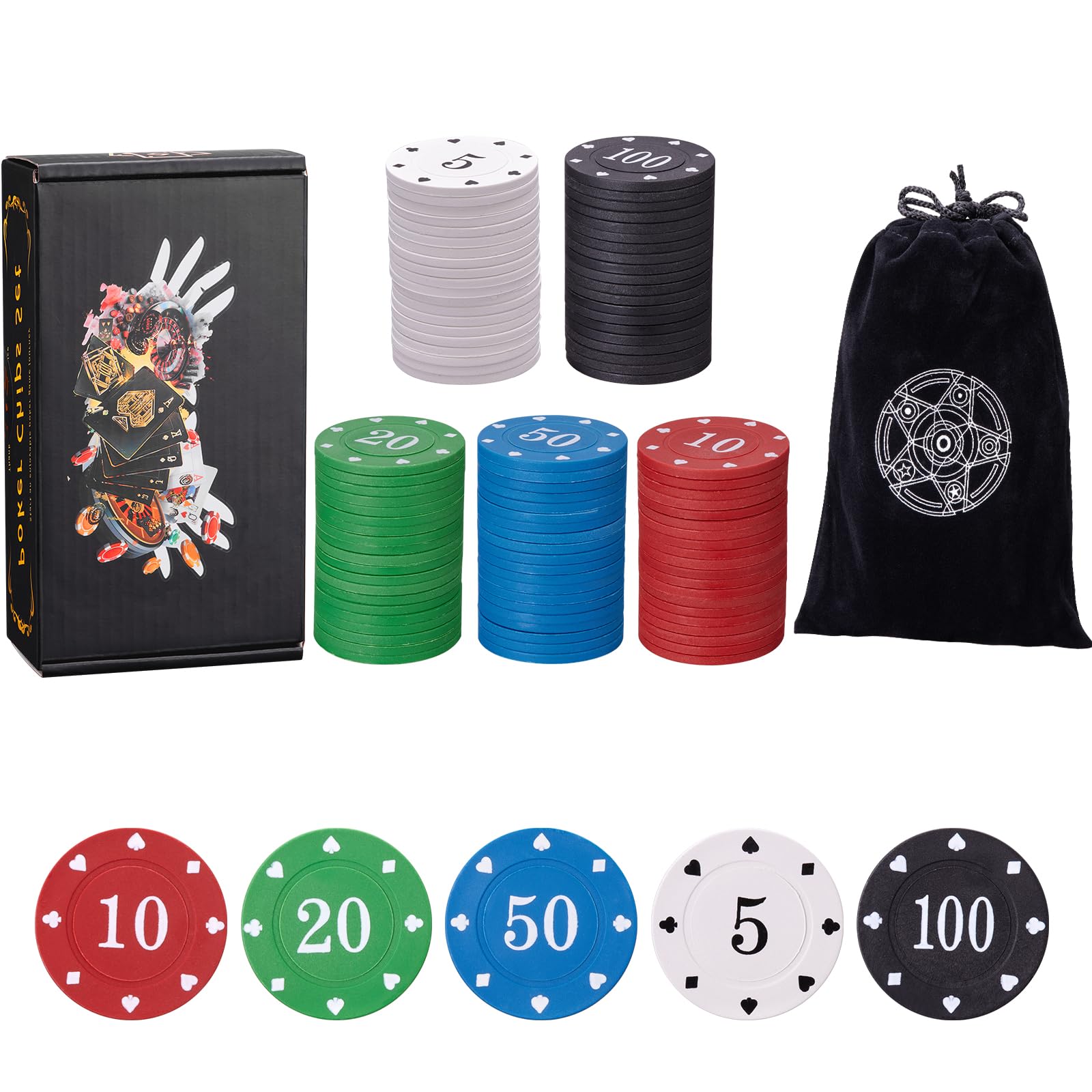 ZOWUBNK Poker Chips,Poker Set,Denomination Poker Chips Set with Black Velvet Pouch Bag,Plastic Learning Counters Disks and Learning Math Counting Chips,Game Night Party Supplies(100pcs)