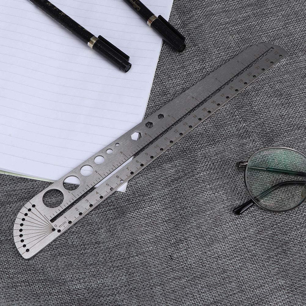 KASTWAVE Multi-functional Metal Ruler Stainless Steel Multifunctional Scale Ruler Protractor Figure Drafting Measuring Tool for Architect Engineers Office School 11.8in/30 cm.