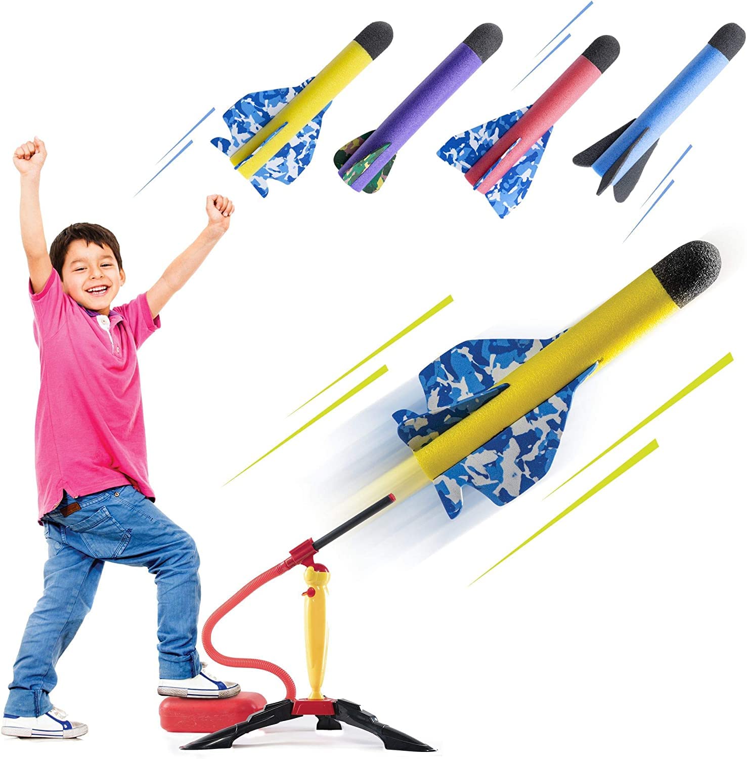 Prextex Toy Rocket for Kids - Ultimate Air Rocket Launcher Toy Set with 4 Foam Rockets and Launch Pad - Exciting Outdoor Fun for Children - Shoots Up to 45M - Perfect Stocking Fillers