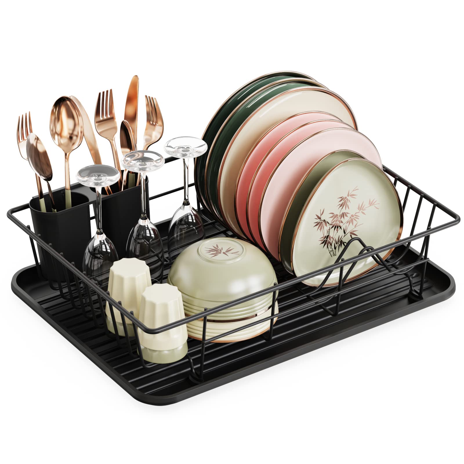 iSPECLE Dish Drainer Rack - Small Dish Drying Rack with Draining Board, Compact Dish Rack Drainer with Drain Spout and Cutlery Holder for Kitchen Counter or in Sink, Black