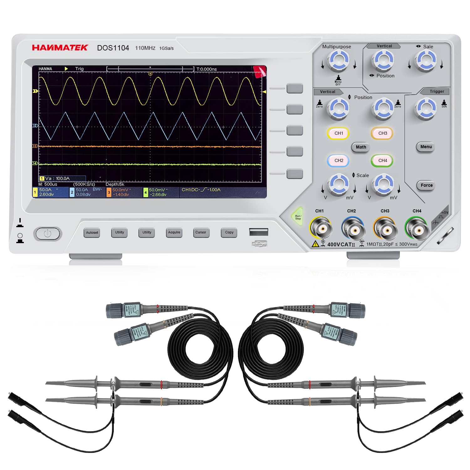 HANMATEKDigital Oscilloscope 4-Channel with 7" TFT-LCD Display 110MHz Bandwidth 1GS/s Sample Rate DOS1104