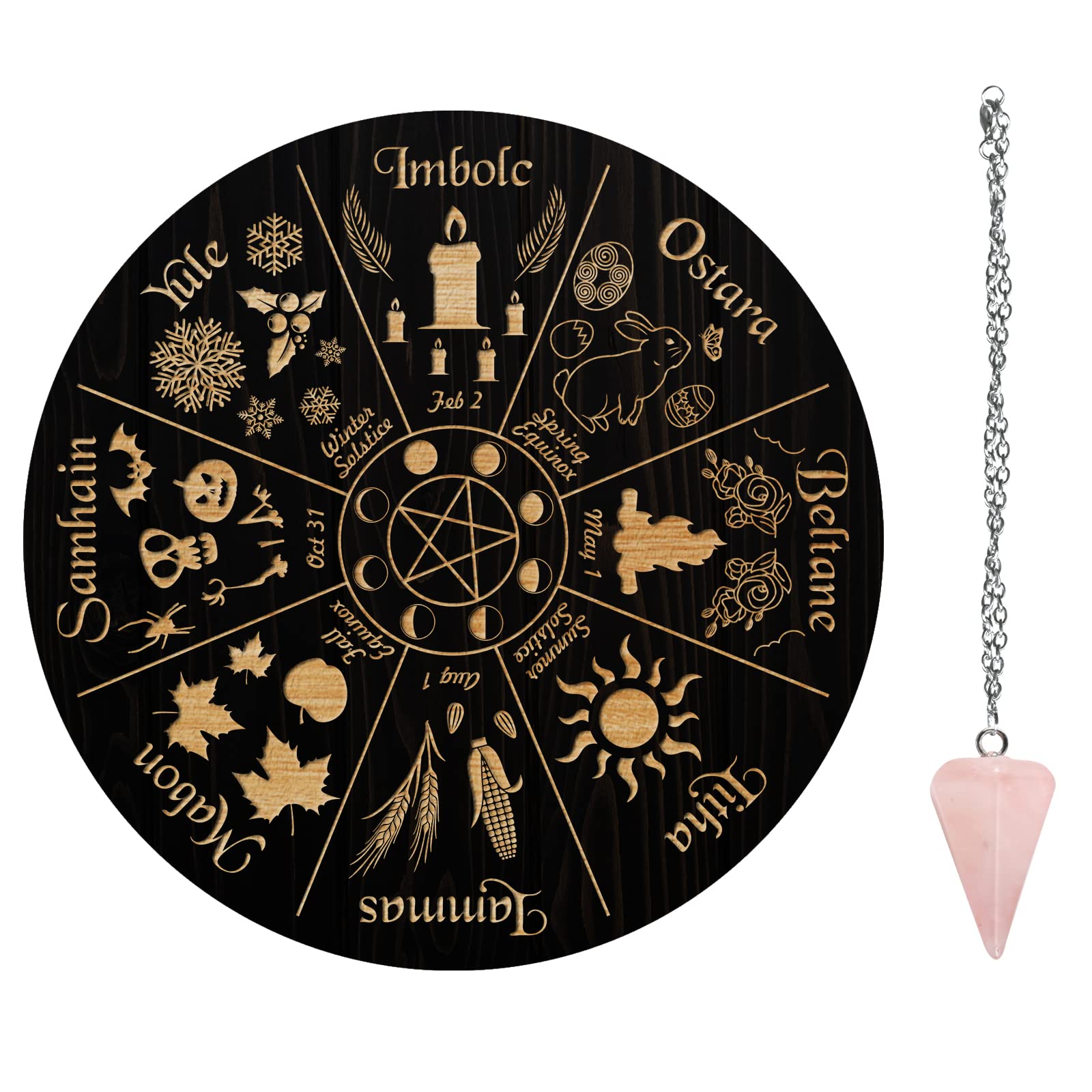 AHANDMAKER Wheel of The Year Pendulum Board, 7.8" Dowsing Divination Metaphysical Message Board Wooden Carven Board with Crystal Pendulum Necklace Divination for Witchcraft Wiccan Altar Supplies Kit