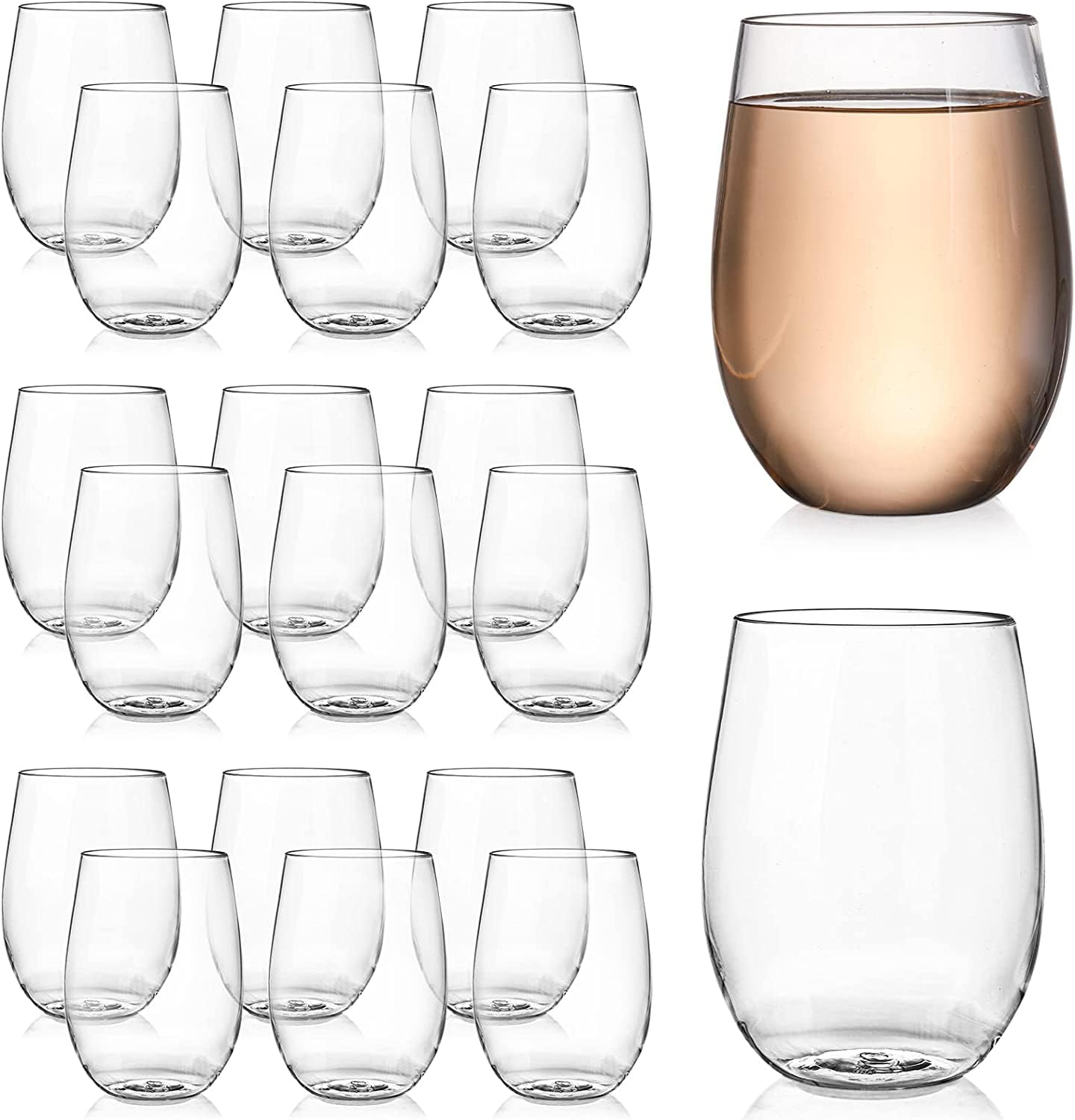 Tebery 20 Pack 16oz Unbreakable Plastic Wine Glasses, 450ml Reusable Heavy Duty Clear Drinking Glasses, Stemless Wine Cups for Champagne, Dessert, Food Samples, Catering, Weddings