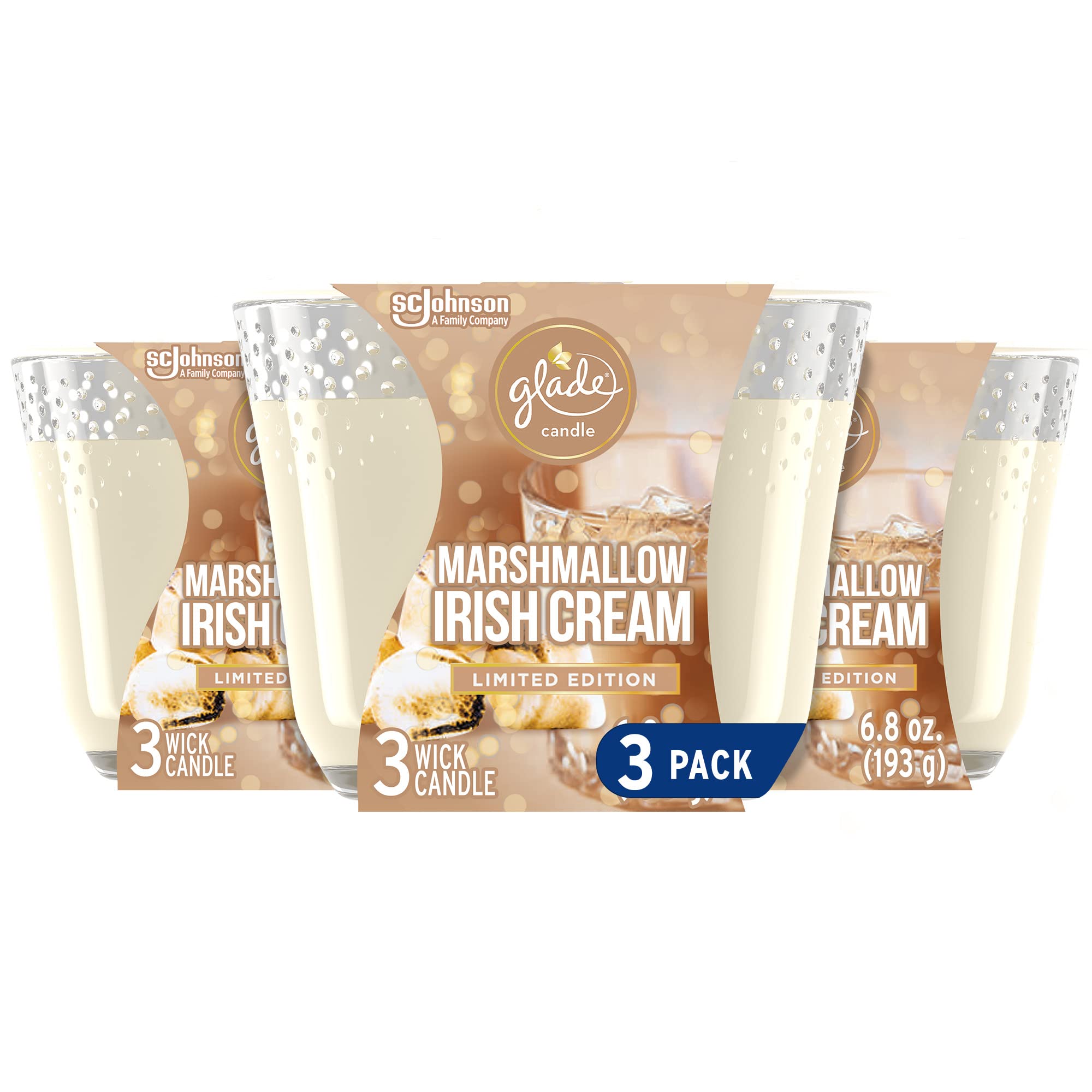 GladeCandle Marshmallow Irish Cream, Fragrance Candle Infused with Essential Oils, Air Freshener Candle, 3-Wick Candle, 6.8 Oz, 3 Count