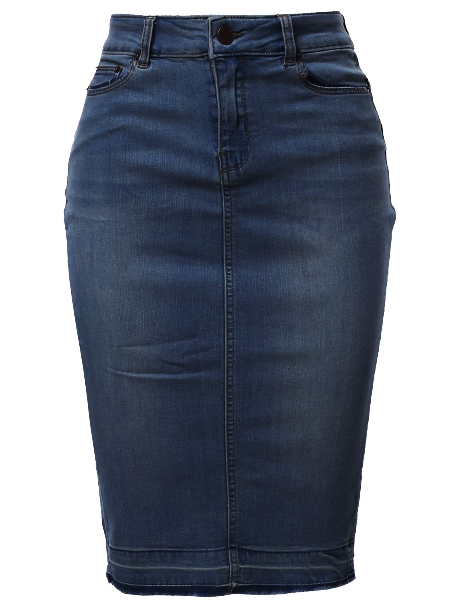 Women's Slim Fit Rayon Knee Length Unhem Back Slit Denim Jean Pencil Skirt